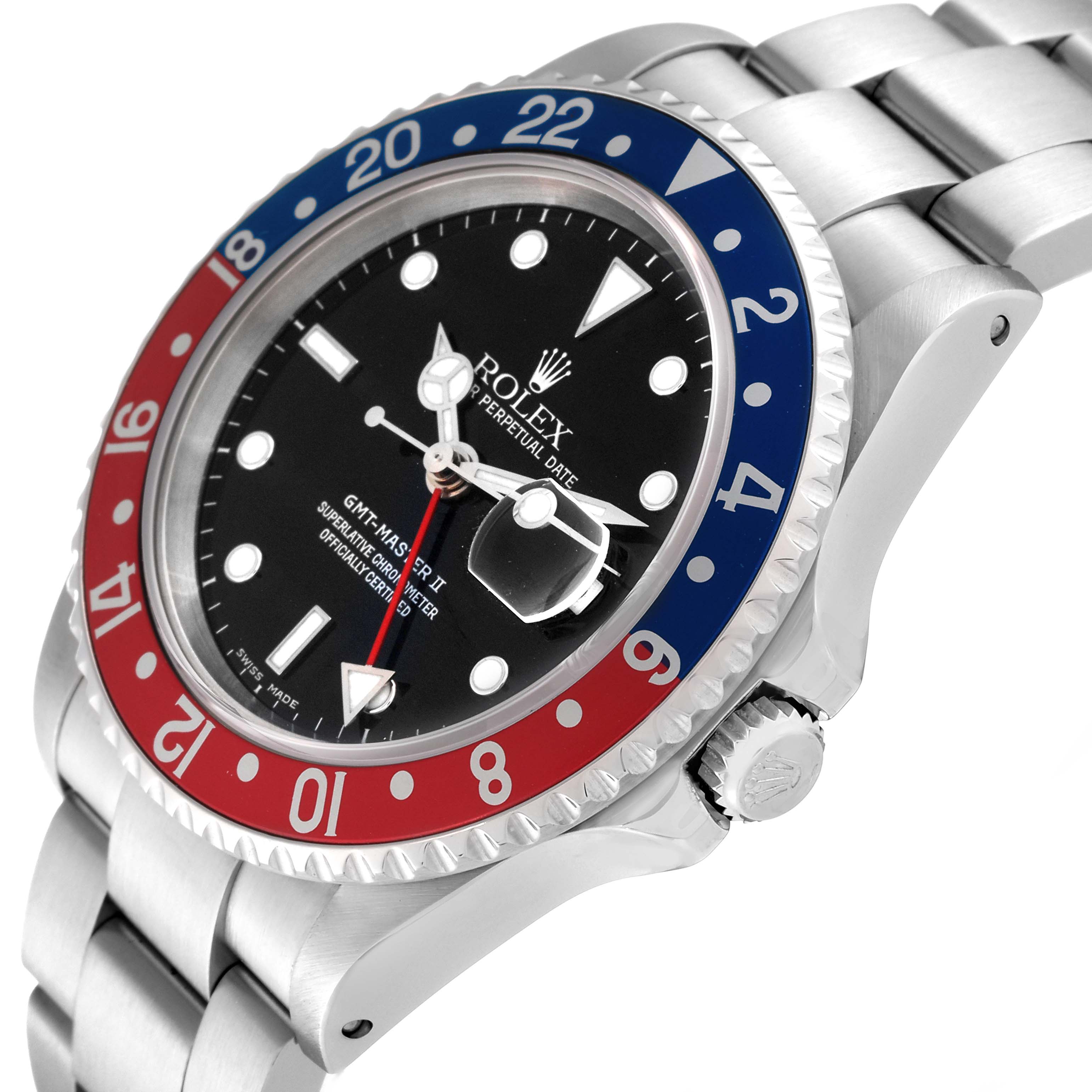 The image shows a side angle of the Rolex GMT-Master 16710 Men's Stainless Steel Black Dial 16710 Men's Stainless Steel Black Dial II watch, highlighting the bezel, face, and part of the bracelet.