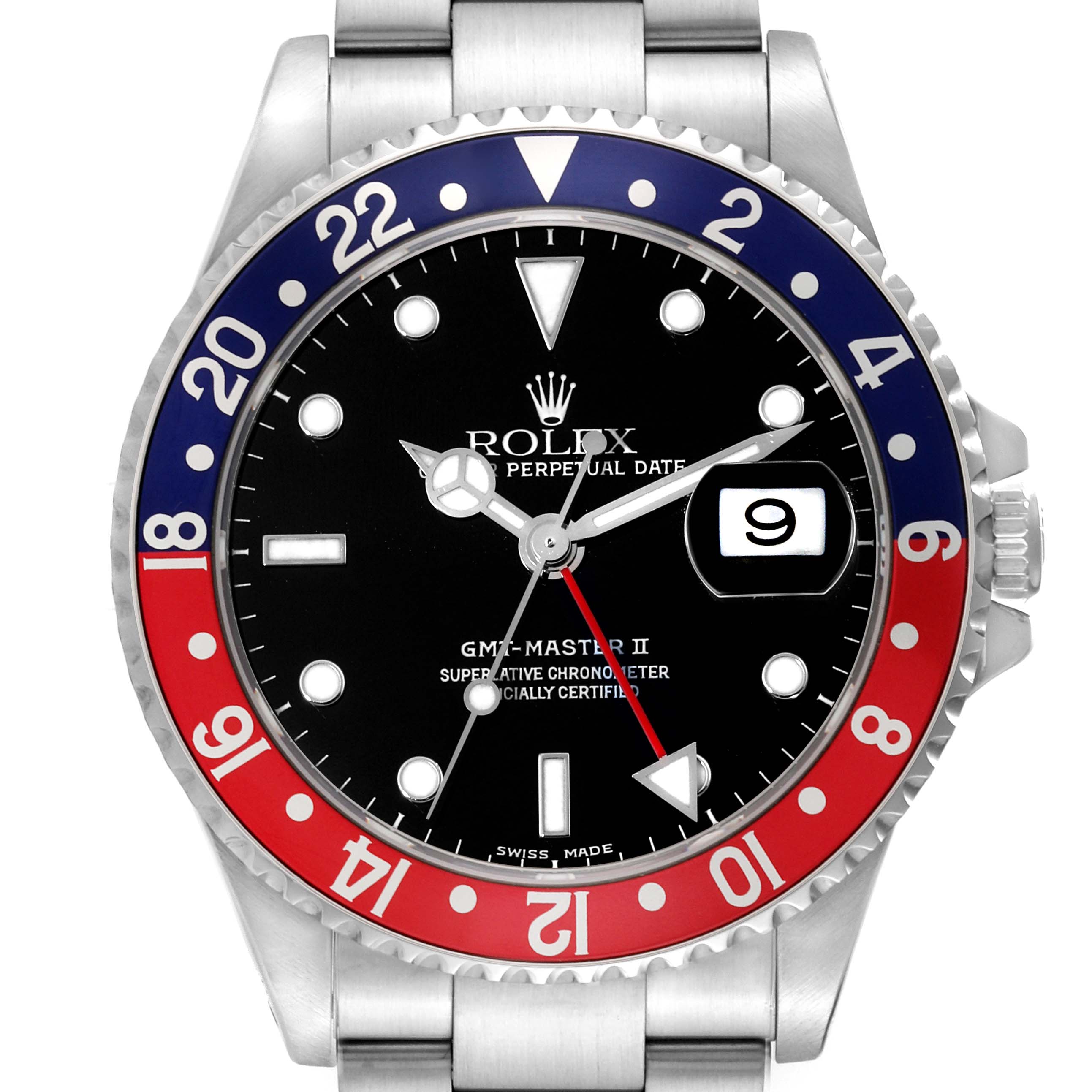 The image shows a front view of a Rolex GMT-Master 16710 Men's Stainless Steel Black Dial 16710 Men's Stainless Steel Black Dial II watch, highlighting the bezel, dial, date window, and part of the bracelet.