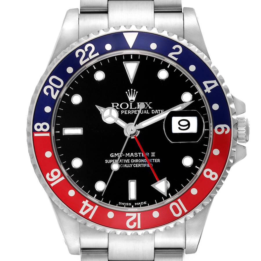 Rolex GMT Master II Blue Red Pepsi Bezel Steel Watch 16710 Box Papers SwissWatchExpo