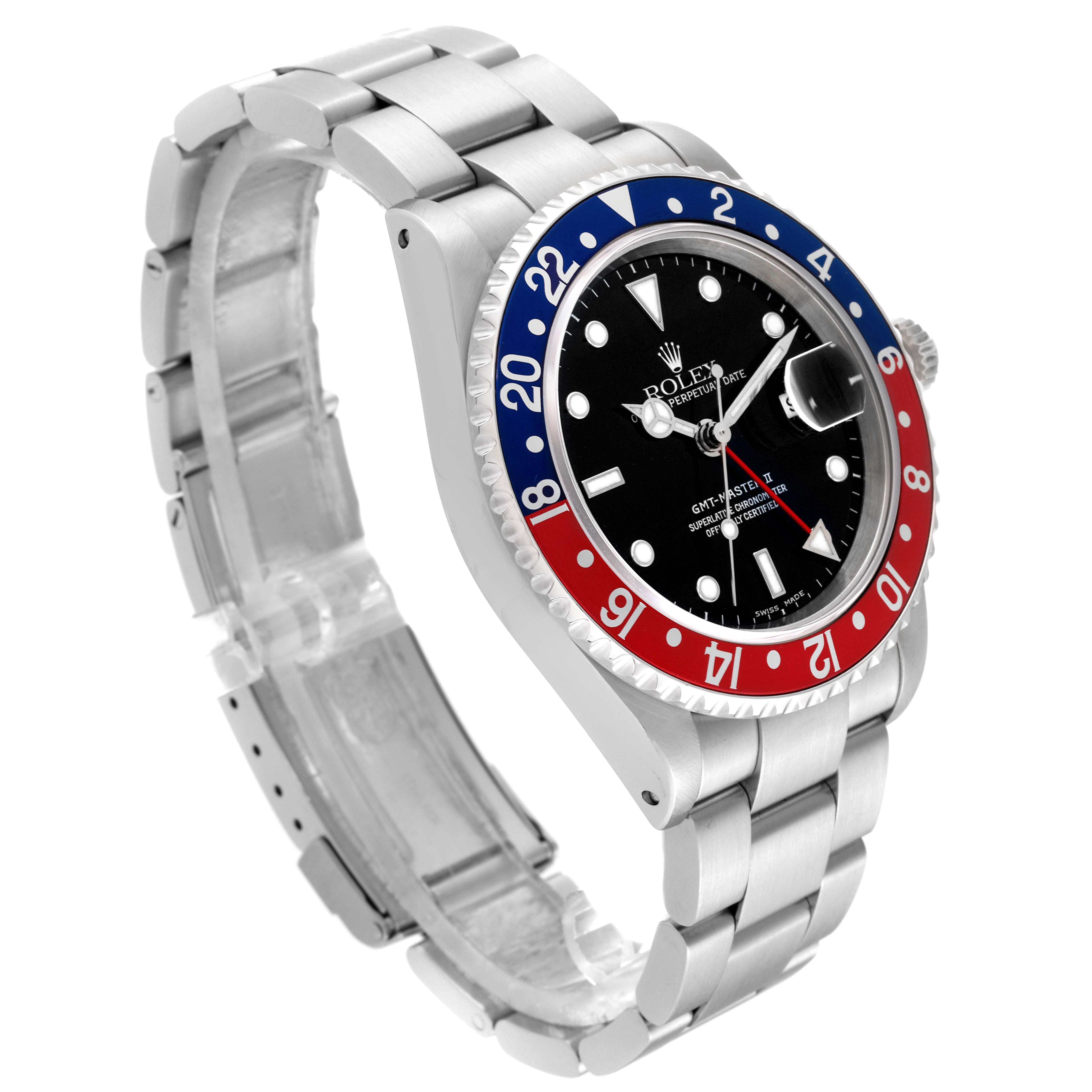 The image shows a Rolex GMT-Master 16710 Men's Stainless Steel Black Dial 16710 Men's Stainless Steel Black Dial model at a three-quarter angle, highlighting the bezel, dial, and bracelet.