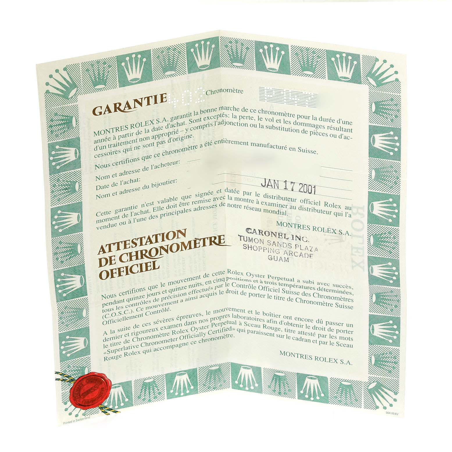 This image shows the warranty certificate for a Rolex GMT-Master 16710 Men's Stainless Steel Black Dial 16710 Men's Stainless Steel Black Dial watch model, dated January 17, 2001.