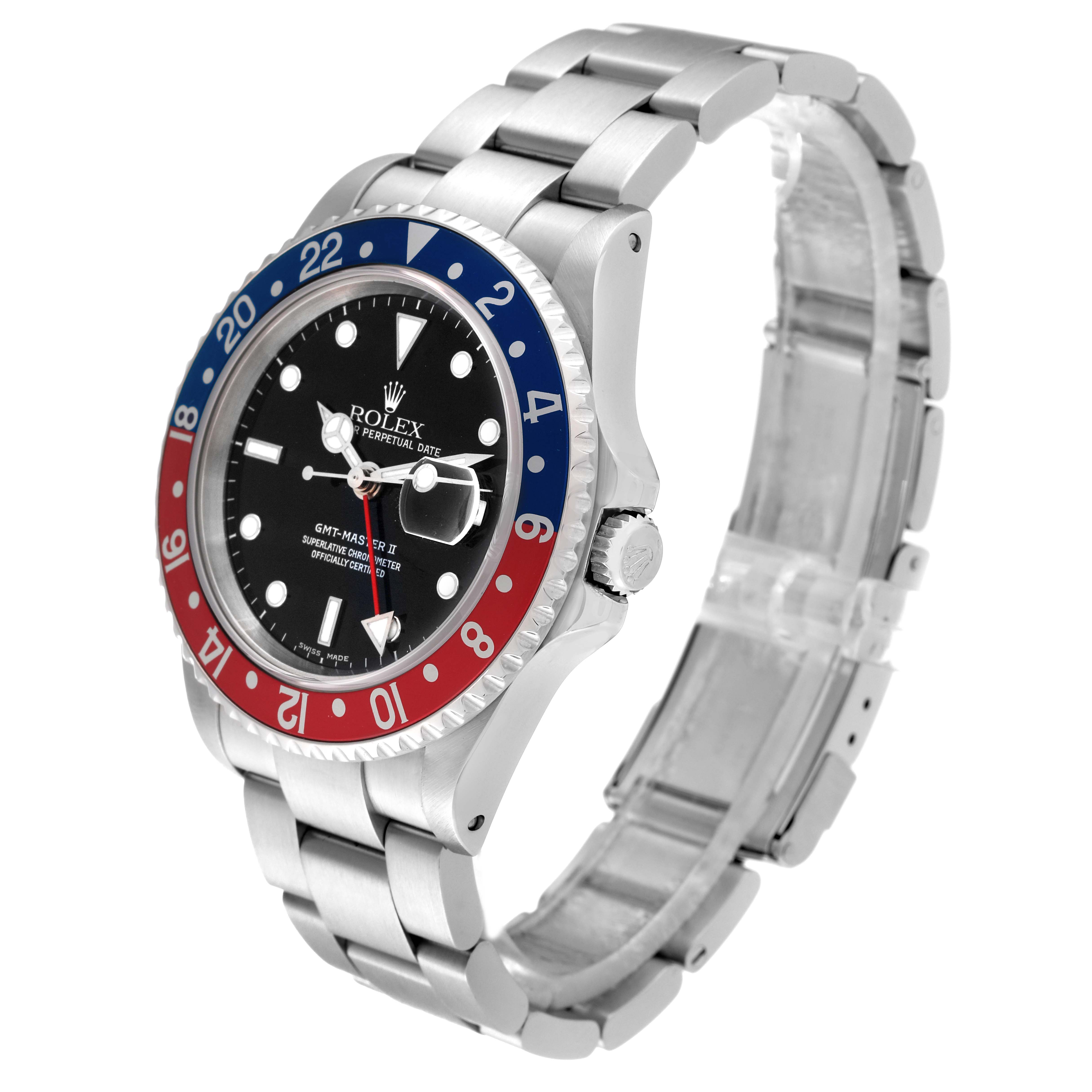 This image shows a side-angle view of a Rolex GMT-Master 16710 Men's Stainless Steel Black Dial 16710 Men's Stainless Steel Black Dial watch, highlighting the bezel, dial, and bracelet.