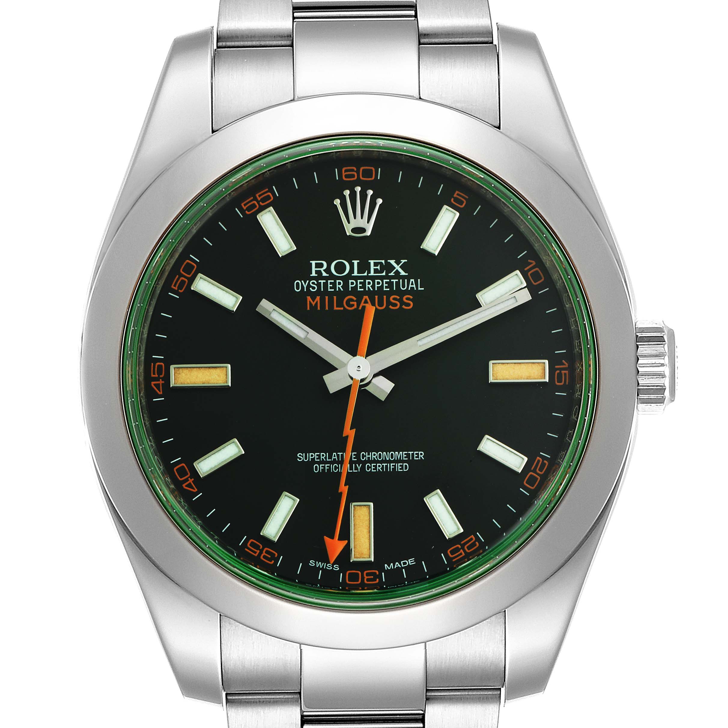 The image shows a front view of a Rolex Milgauss 116400GV Men's Stainless Steel Black Dial 116400GV Men's Stainless Steel Black Dial watch, highlighting the dial, hands, crown, and part of the bracelet.