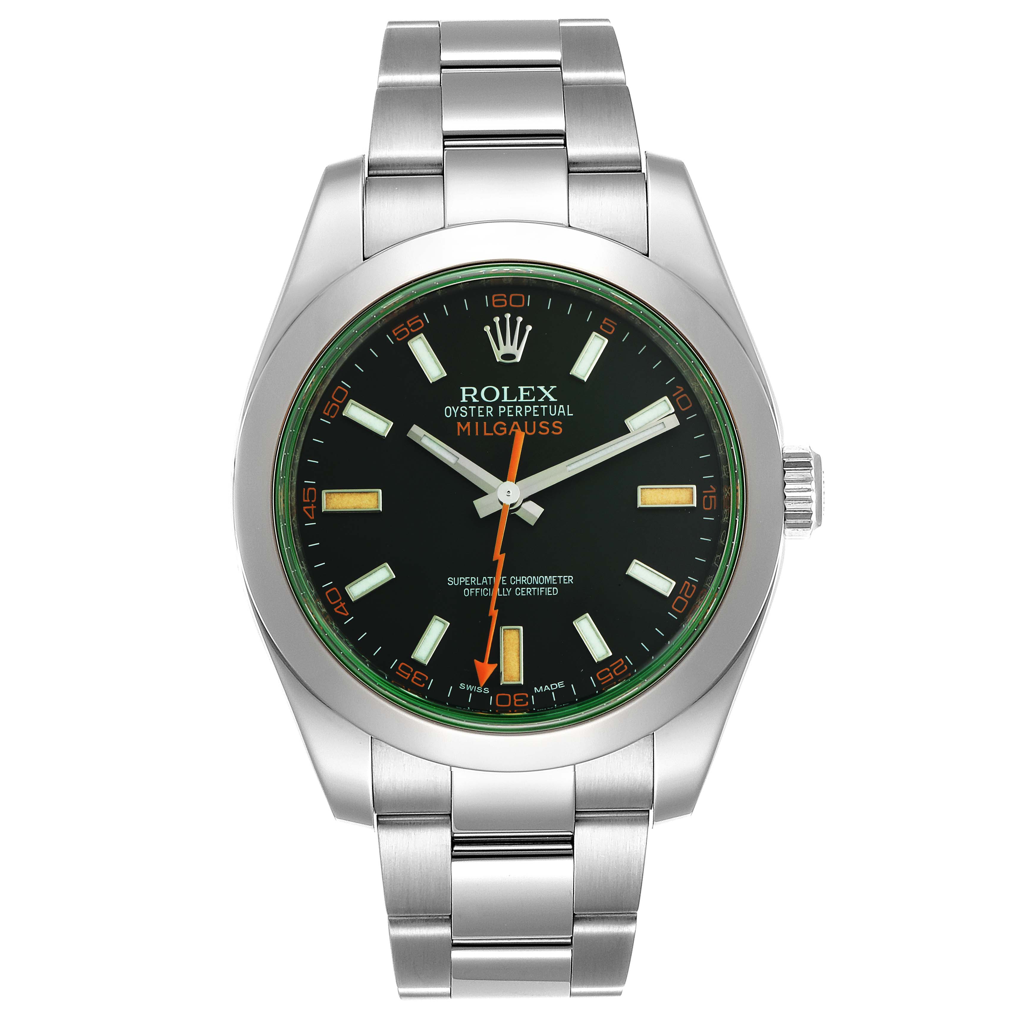 The Rolex Milgauss 116400GV Men's Stainless Steel Black Dial 116400GV Men's Stainless Steel Black Dial watch is shown from a front angle, displaying its face, bezel, case, and bracelet.