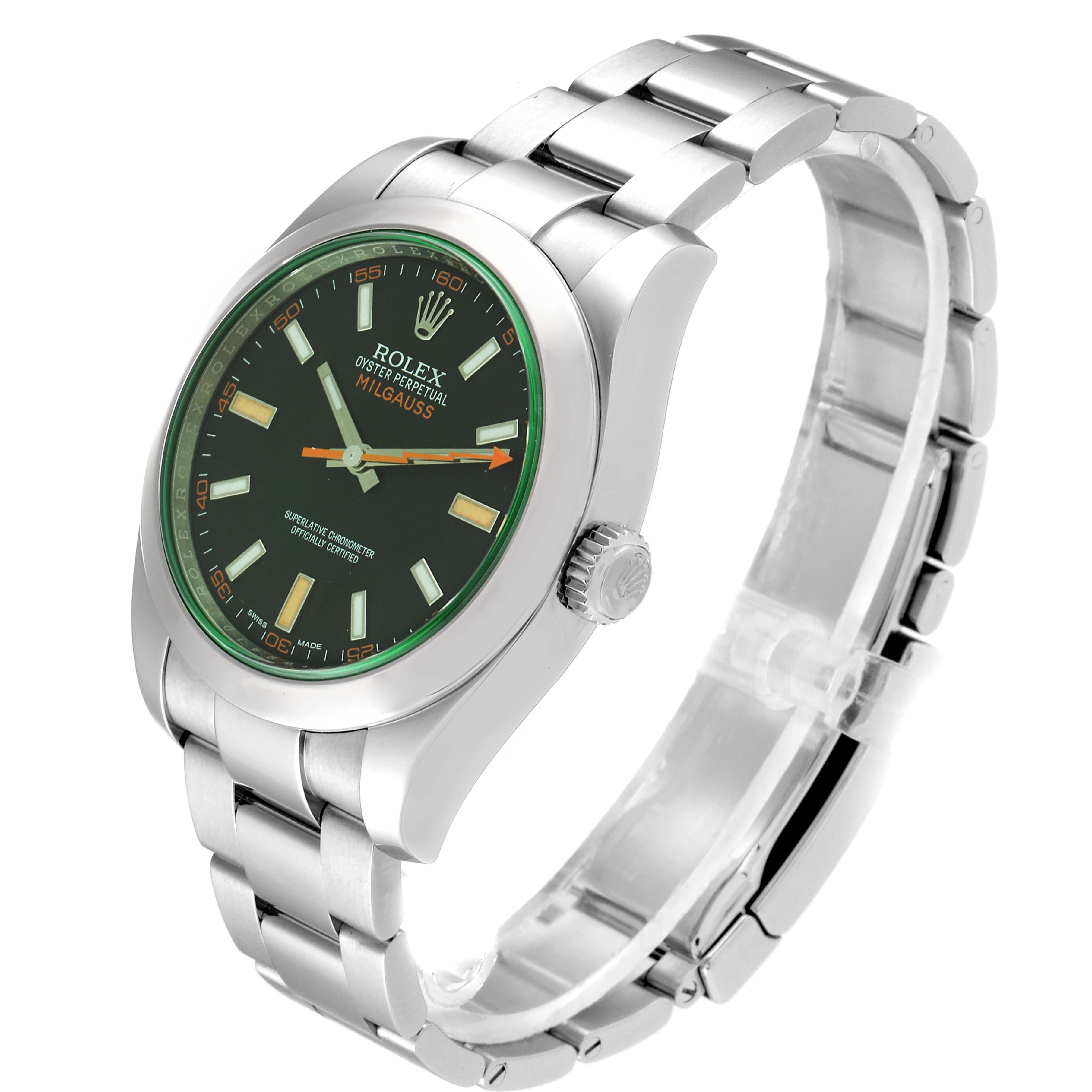 The image shows a side and front view of a Rolex Milgauss 116400GV Men's Stainless Steel Black Dial 116400GV Men's Stainless Steel Black Dial watch, highlighting its face, bezel, crown, and bracelet.