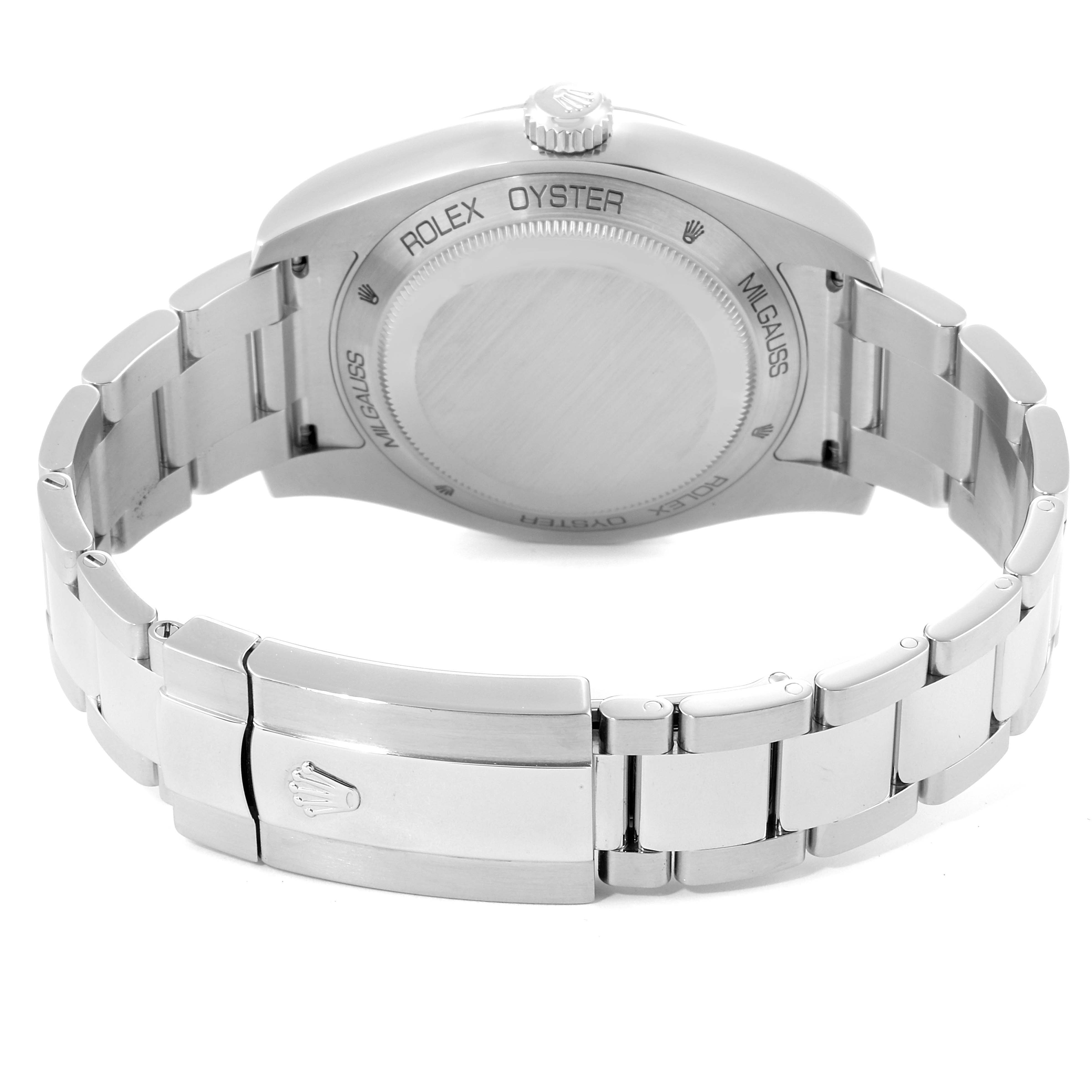 The image shows the back view of a Rolex Milgauss 116400GV Men's Stainless Steel Black Dial 116400GV Men's Stainless Steel Black Dial watch, highlighting the case back and bracelet with clasp.