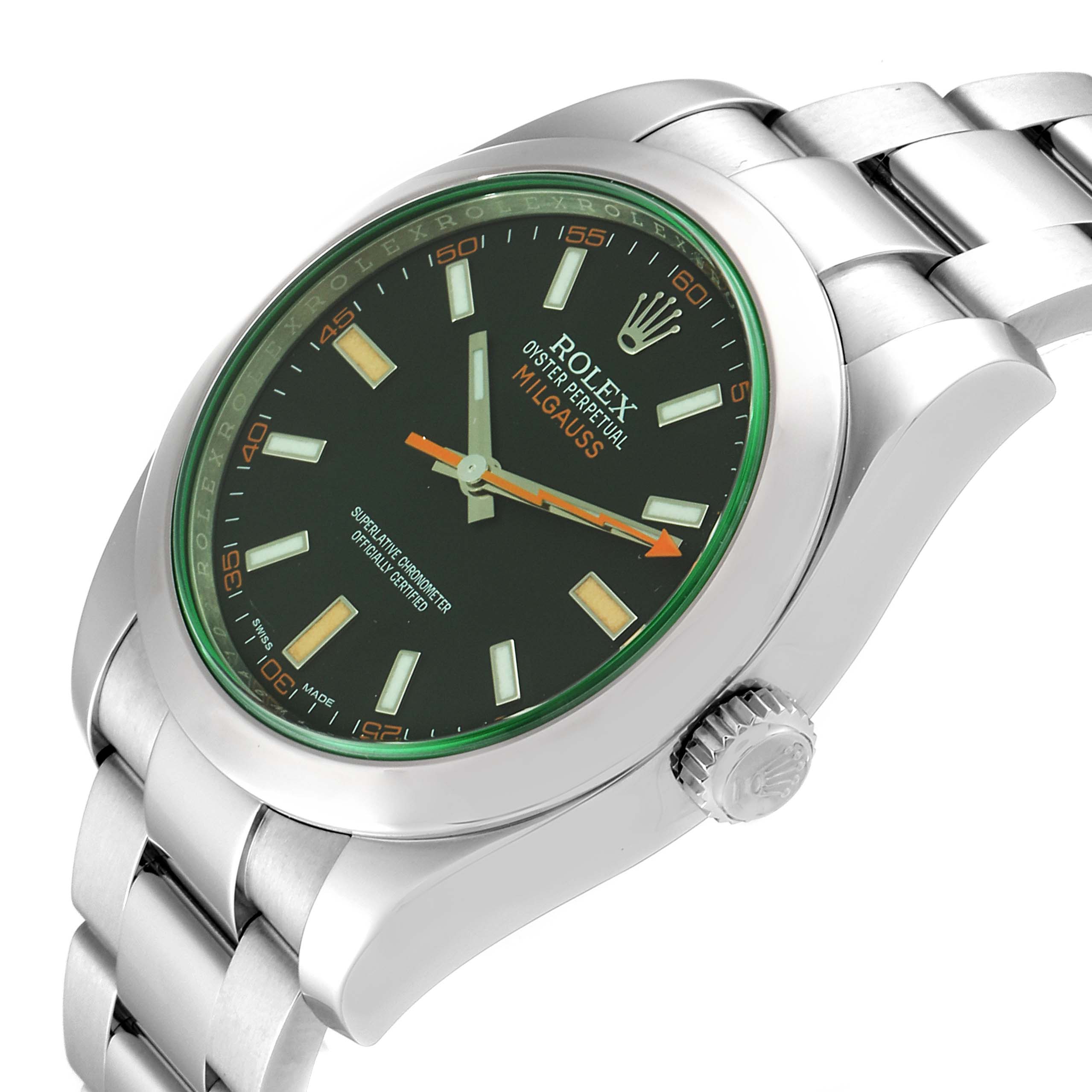 The Rolex Milgauss 116400GV Men's Stainless Steel Black Dial 116400GV Men's Stainless Steel Black Dial watch is shown at an angled side view, showcasing the dial, bezel, crown, and bracelet.
