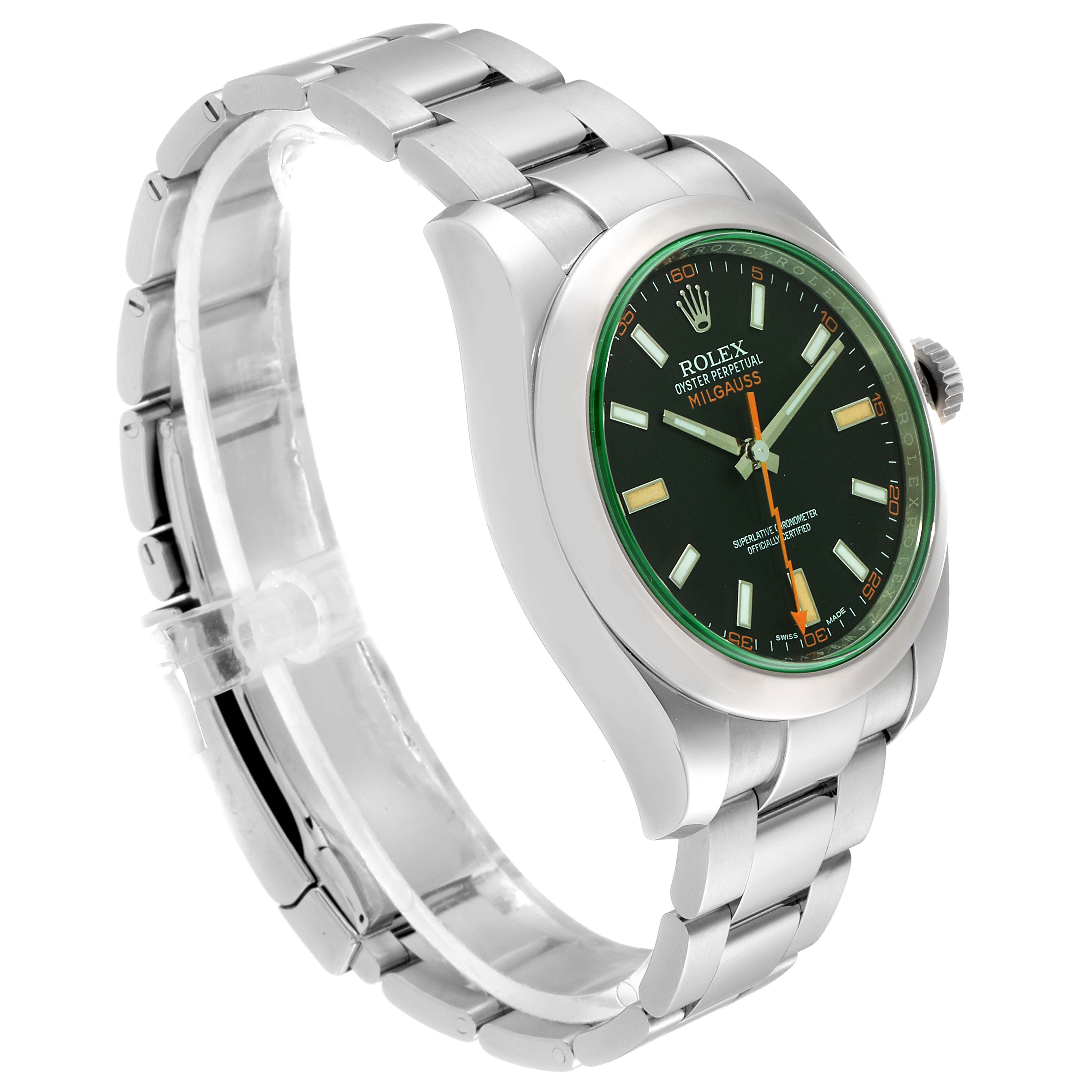 The image shows a side view of the Rolex Milgauss 116400GV Men's Stainless Steel Black Dial 116400GV Men's Stainless Steel Black Dial watch, highlighting the bracelet, case, and green dial.
