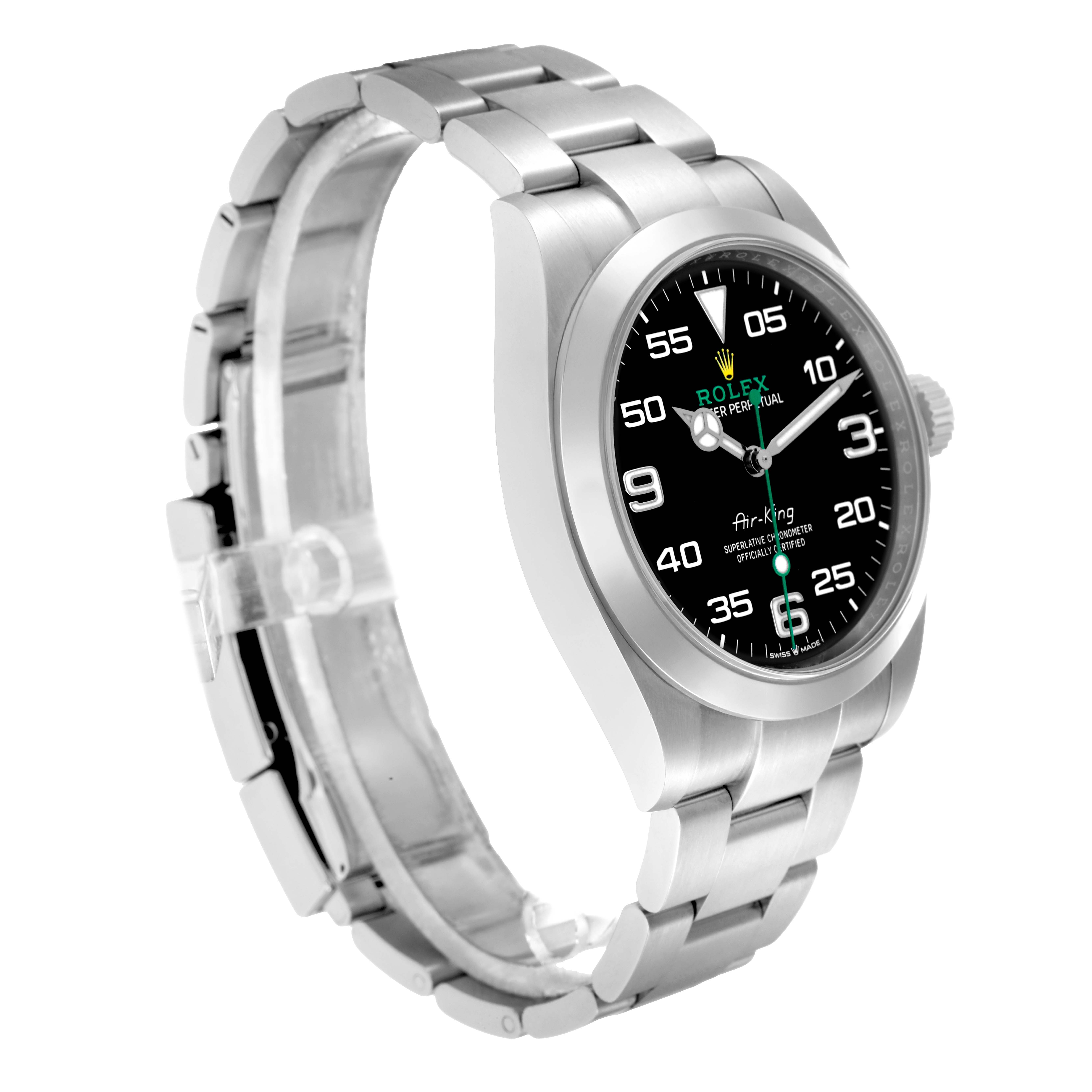 The Rolex Air-King 126900 Men
s Stainless Steel Black Dial watch is shown at a three-quarter angle, displaying its bracelet, case, and black dial with markers.