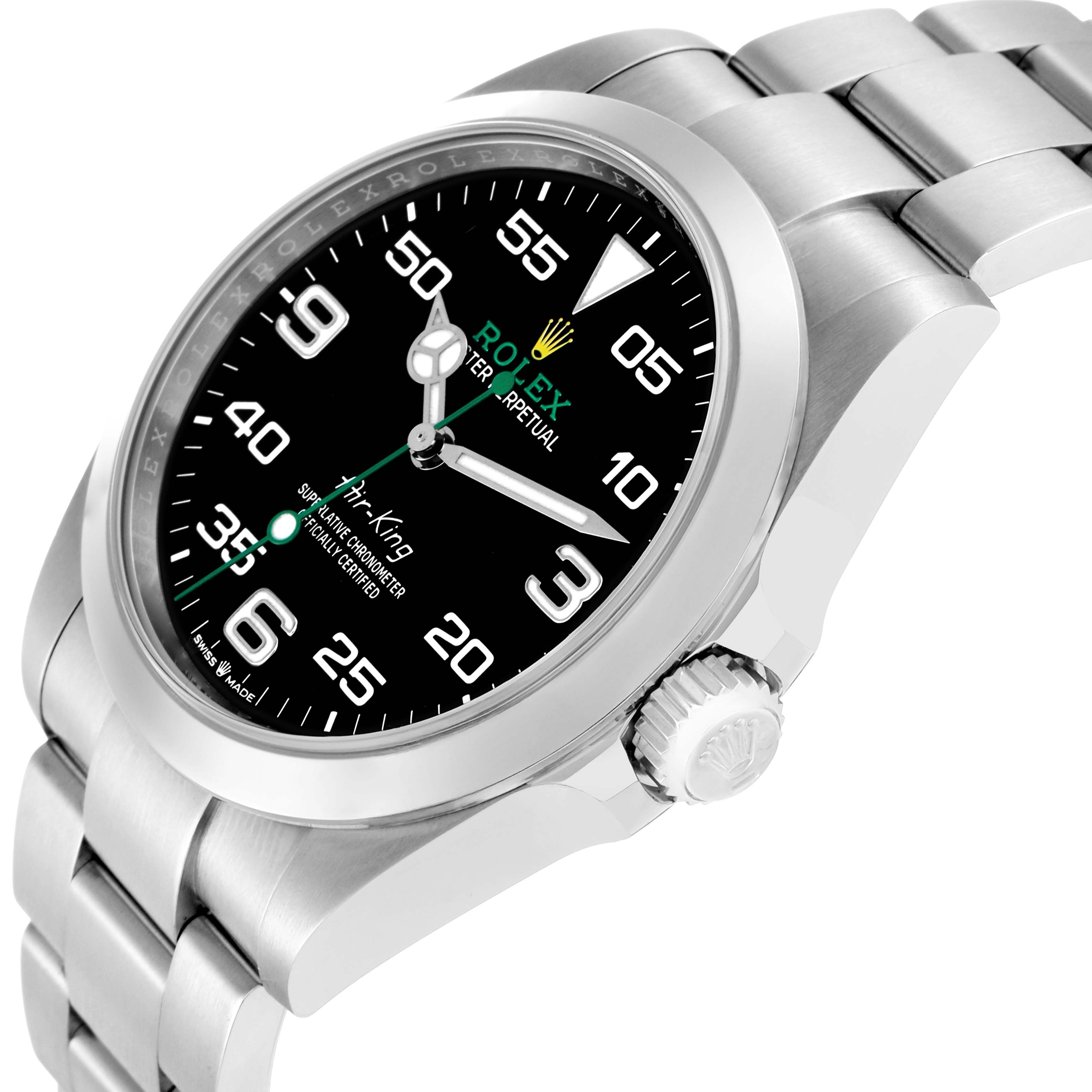 The Rolex Air-King 126900 Men
s Stainless Steel Black Dial watch is shown at an angled side view, highlighting the face, crown, and part of the bracelet.