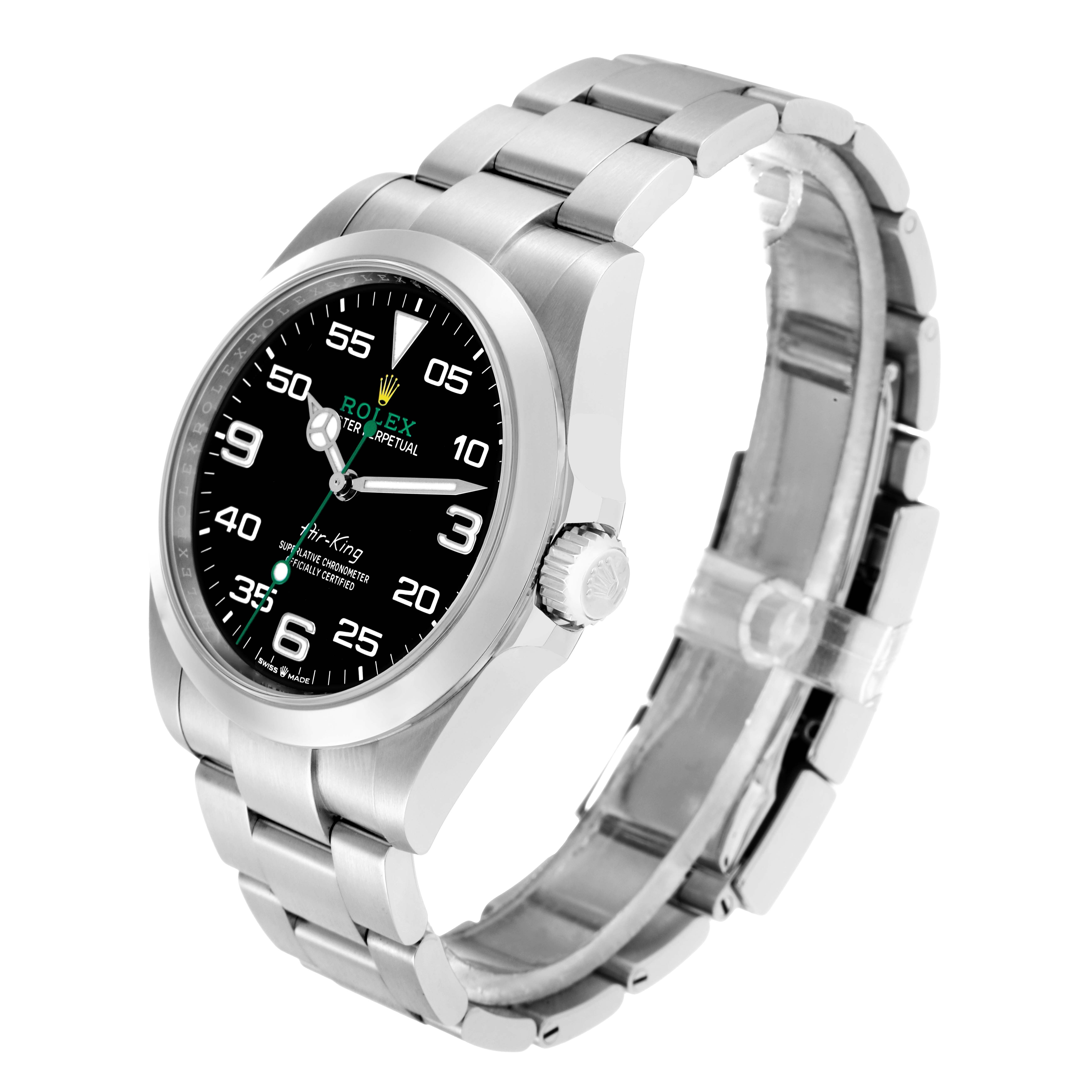 The Rolex Air-King 126900 Men
s Stainless Steel Black Dial watch is shown at an angled side view, displaying the face, bezel, crown, and bracelet.