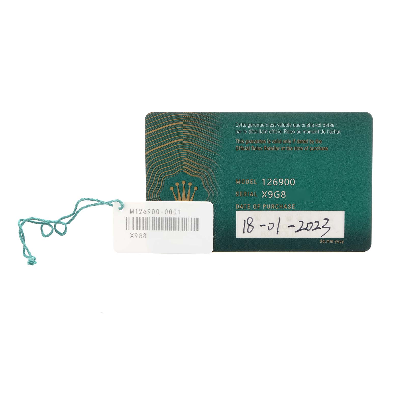 The image shows the warranty card for the Rolex Air-King 126900 Men
s Stainless Steel Black Dial model, featuring model and serial numbers.