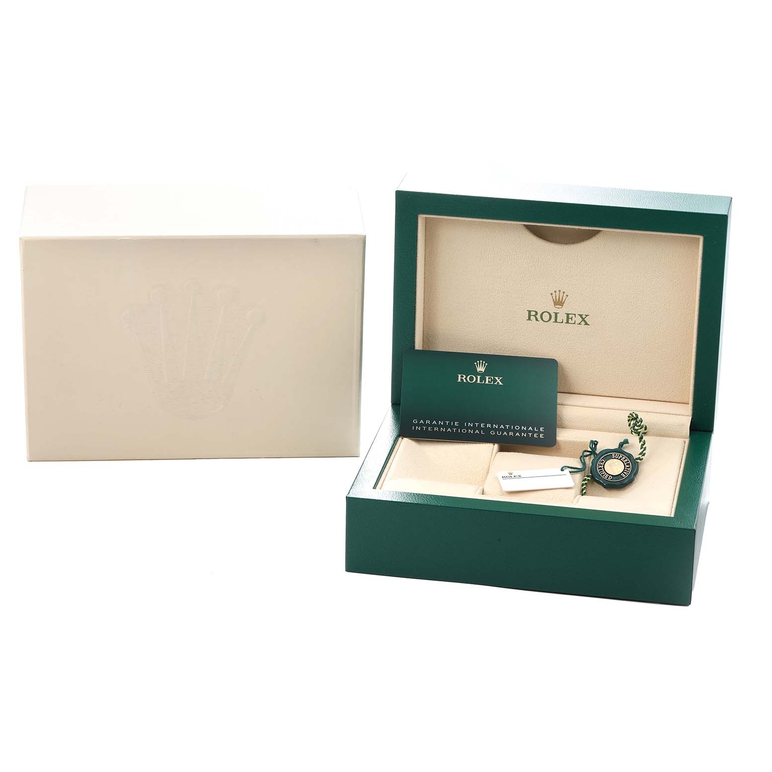 The image shows a Rolex Air-King 126900 Men
s Stainless Steel Black Dial watch box, warranty card, and accessories from a slightly elevated angle.