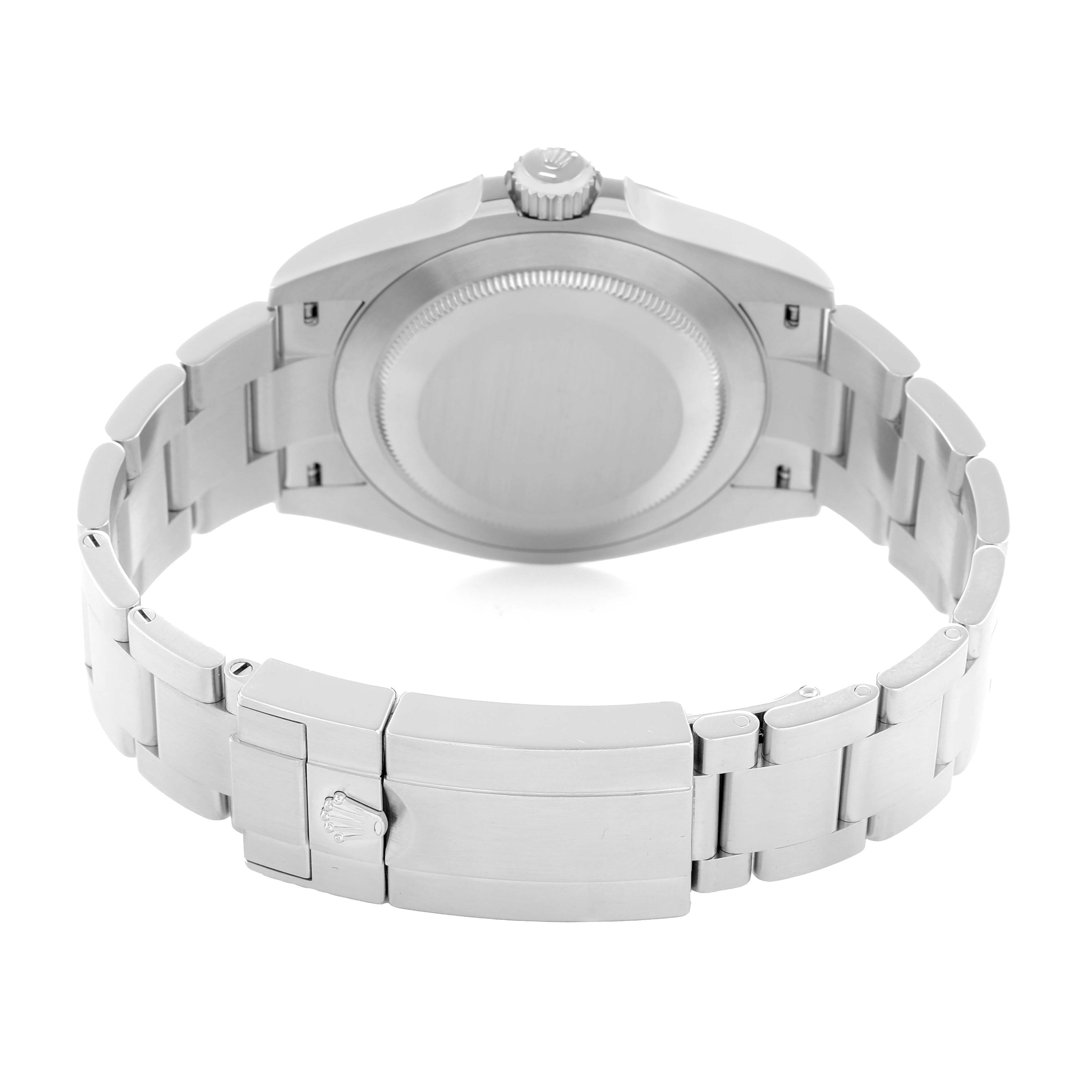 The image shows the back view of a Rolex Air-King 126900 Men
s Stainless Steel Black Dial watch, highlighting the case back, crown, and bracelet clasp.