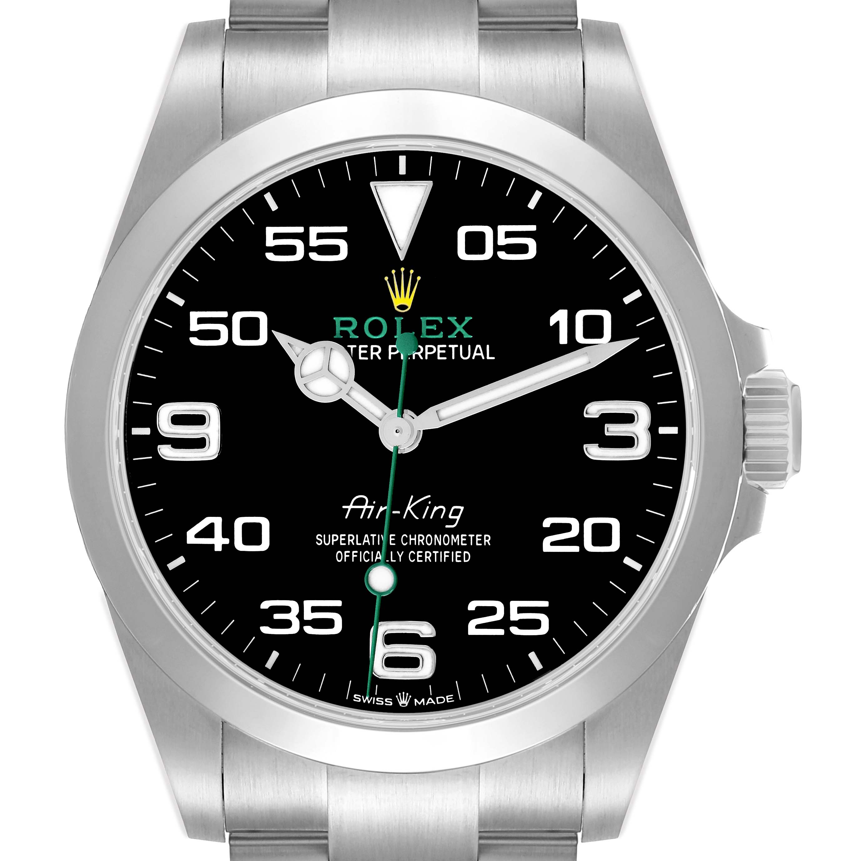 The Rolex Air-King 126900 Men
s Stainless Steel Black Dial watch is shown from a front angle, displaying the face, bezel, crown, and part of the bracelet.