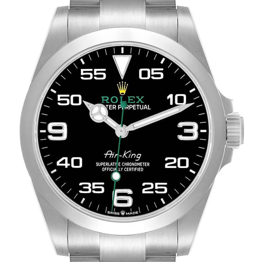 The Rolex Air-King 126900 Men's Stainless Steel Black Dial watch is shown from a front angle, displaying the face, bezel, crown, and part of the bracelet.