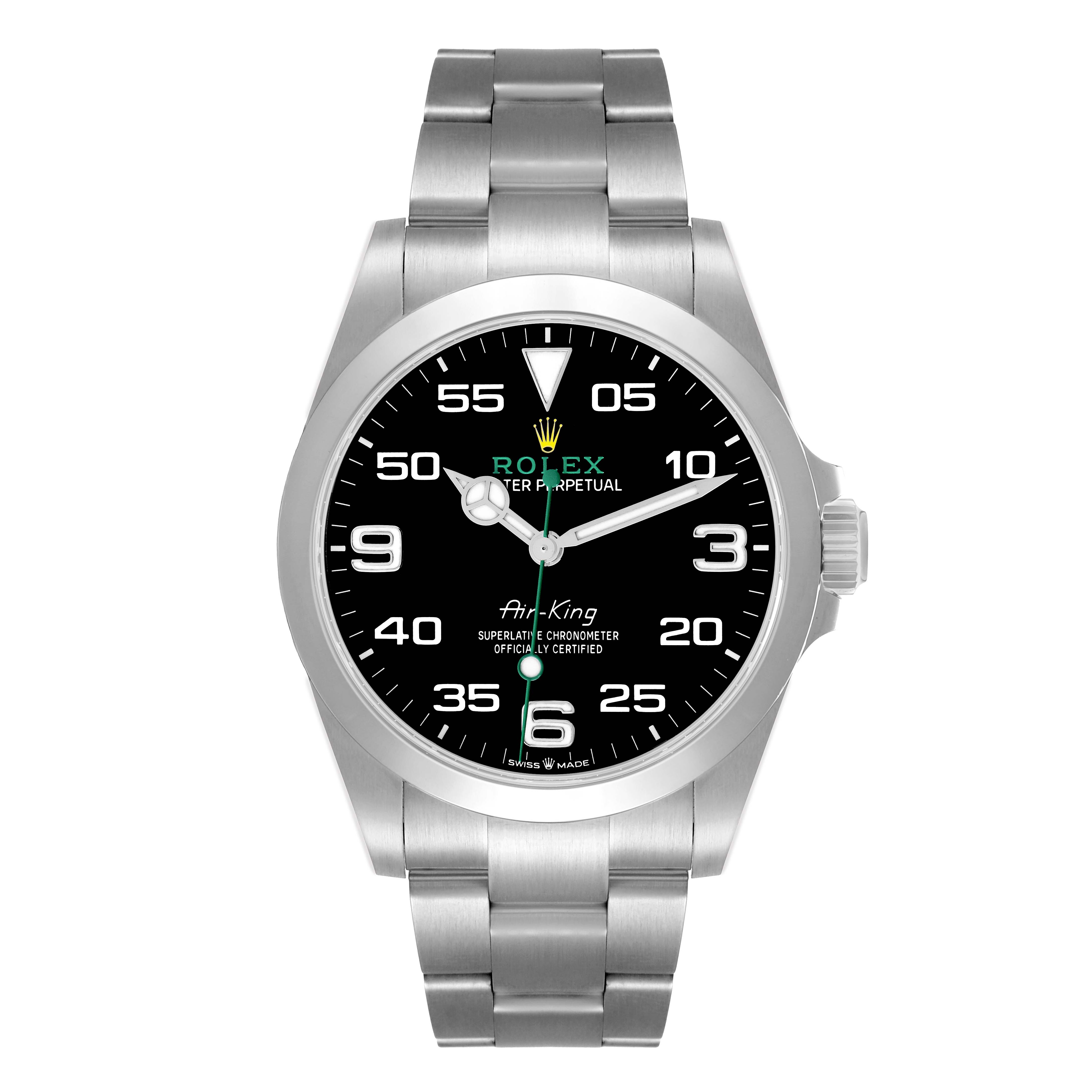 The Rolex Air-King 126900 Men
s Stainless Steel Black Dial watch is shown from a front angle, displaying the full face, bezel, bracelet, and crown.