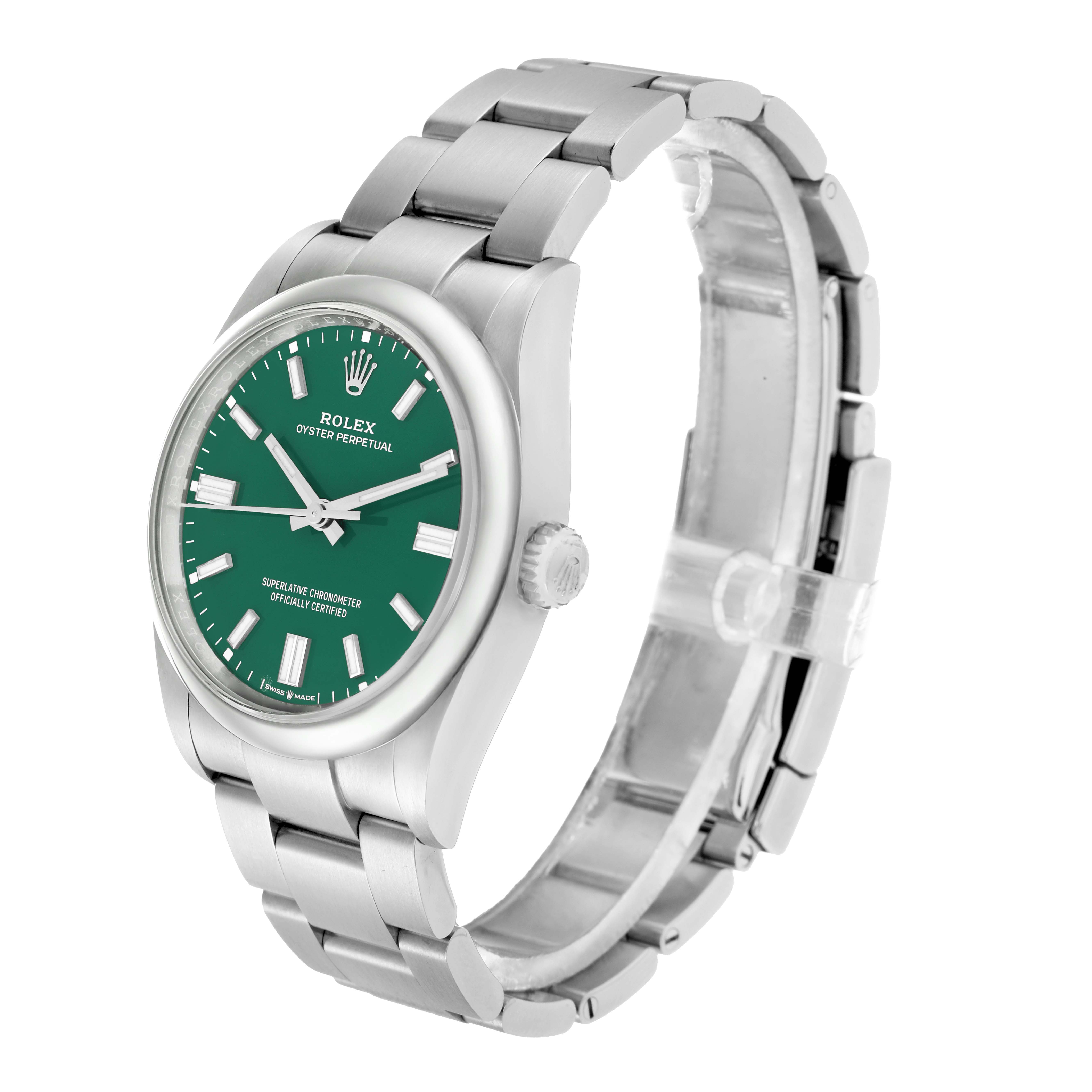 The Rolex Oyster Perpetual 126000 Men
s Stainless Steel Green Dial watch is shown at a three-quarter angle, highlighting the face, bezel, and bracelet.