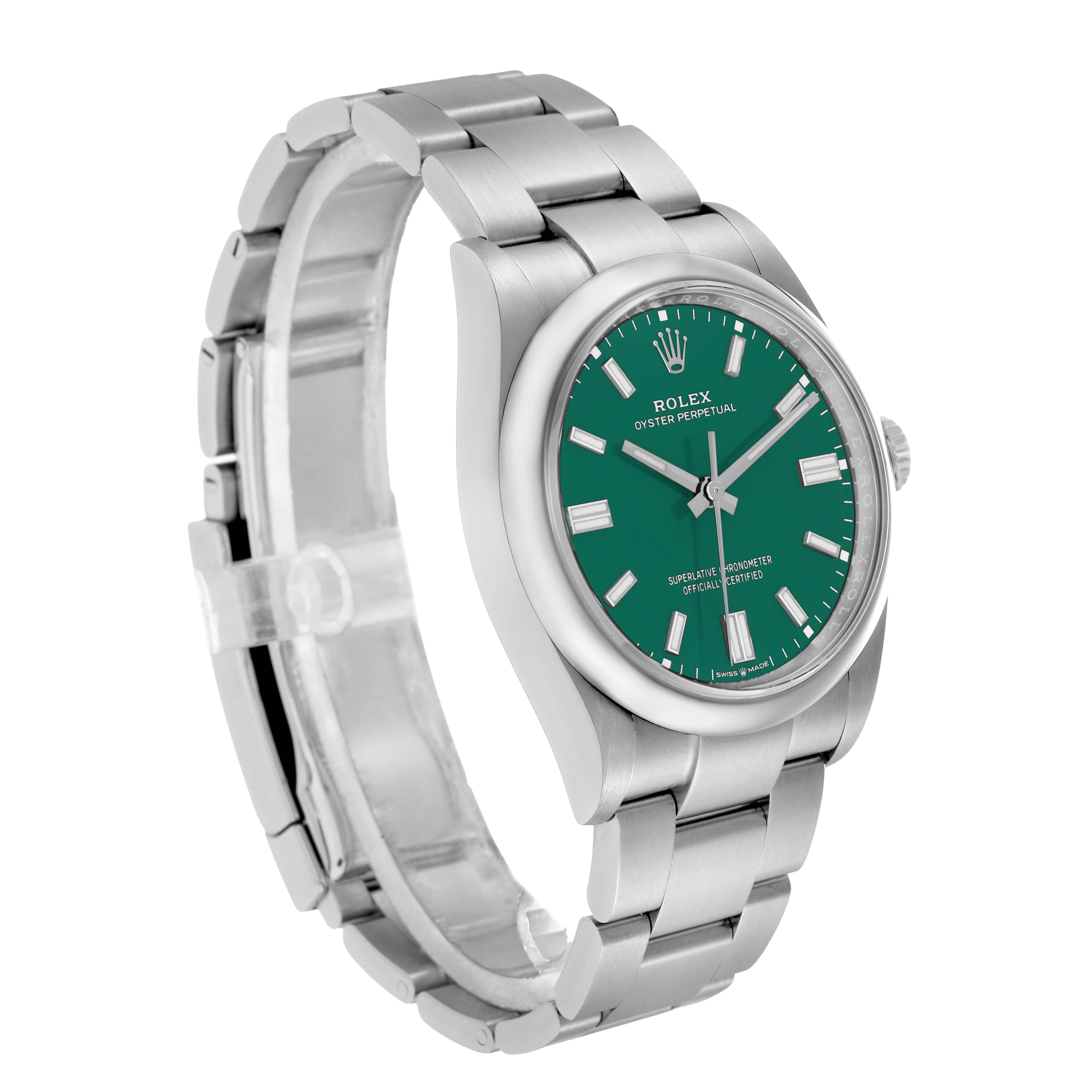 The image shows a Rolex Oyster Perpetual 126000 Men
s Stainless Steel Green Dial watch at a three-quarter angle, displaying the green dial, bezel, and metal bracelet.