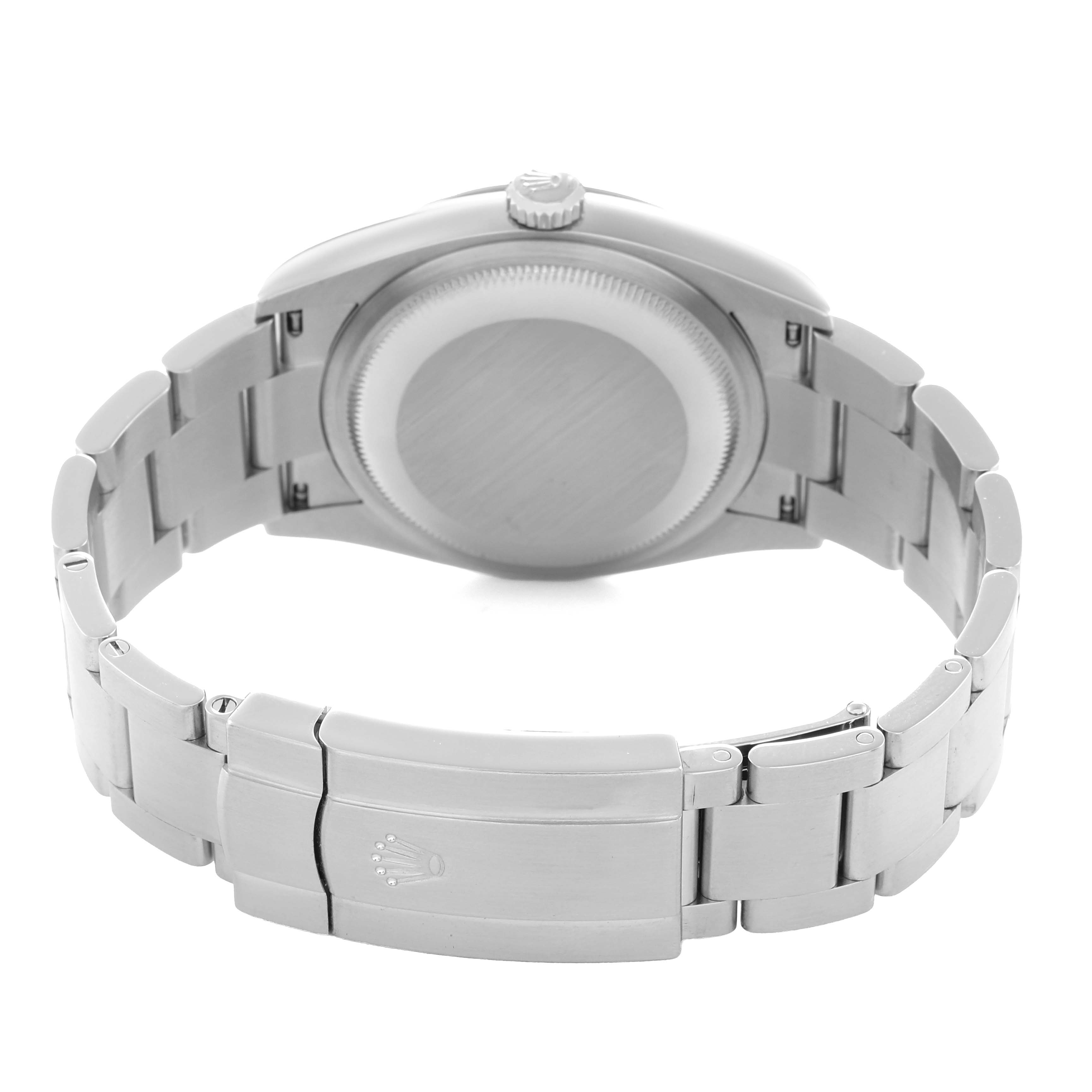 The image shows the back view of the Rolex Oyster Perpetual 126000 Men
s Stainless Steel Green Dial, highlighting the case back and bracelet clasp.