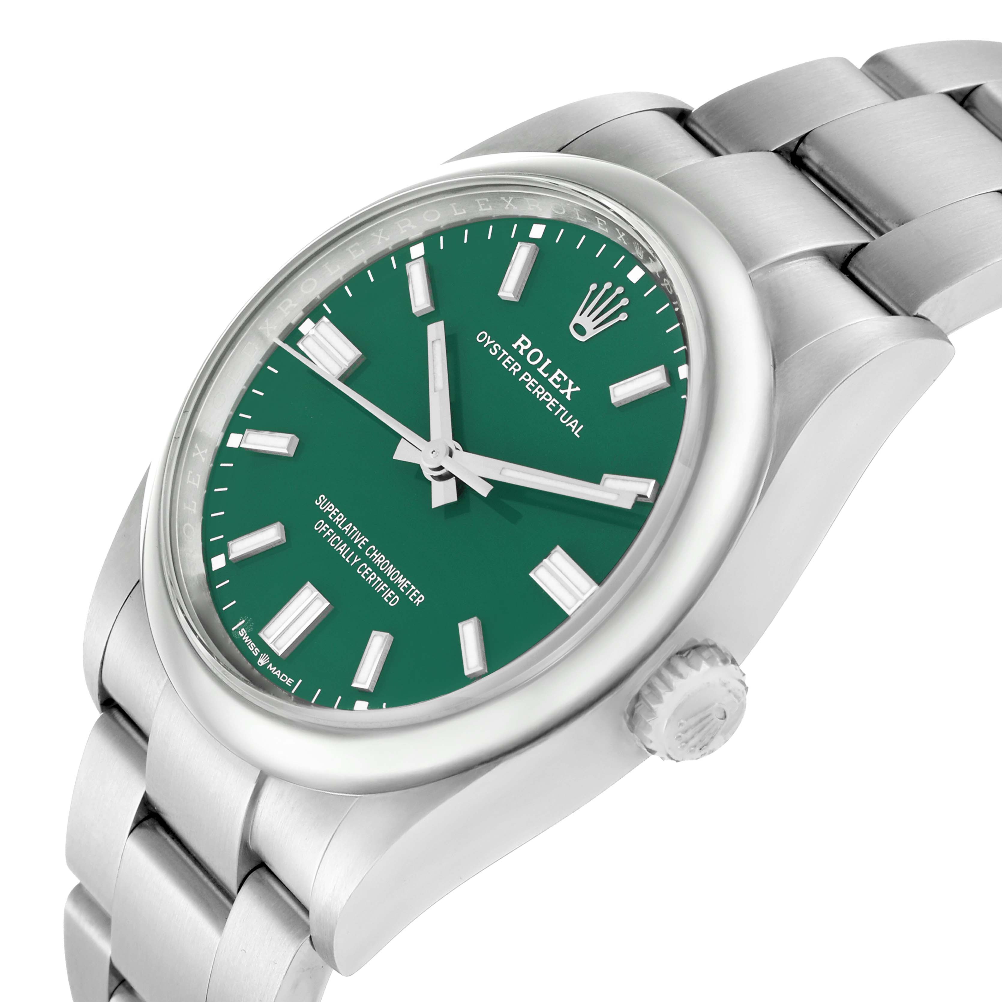 The Rolex Oyster Perpetual 126000 Men
s Stainless Steel Green Dial watch is shown at a slight angle displaying the green dial, bezel, case, crown, and bracelet.
