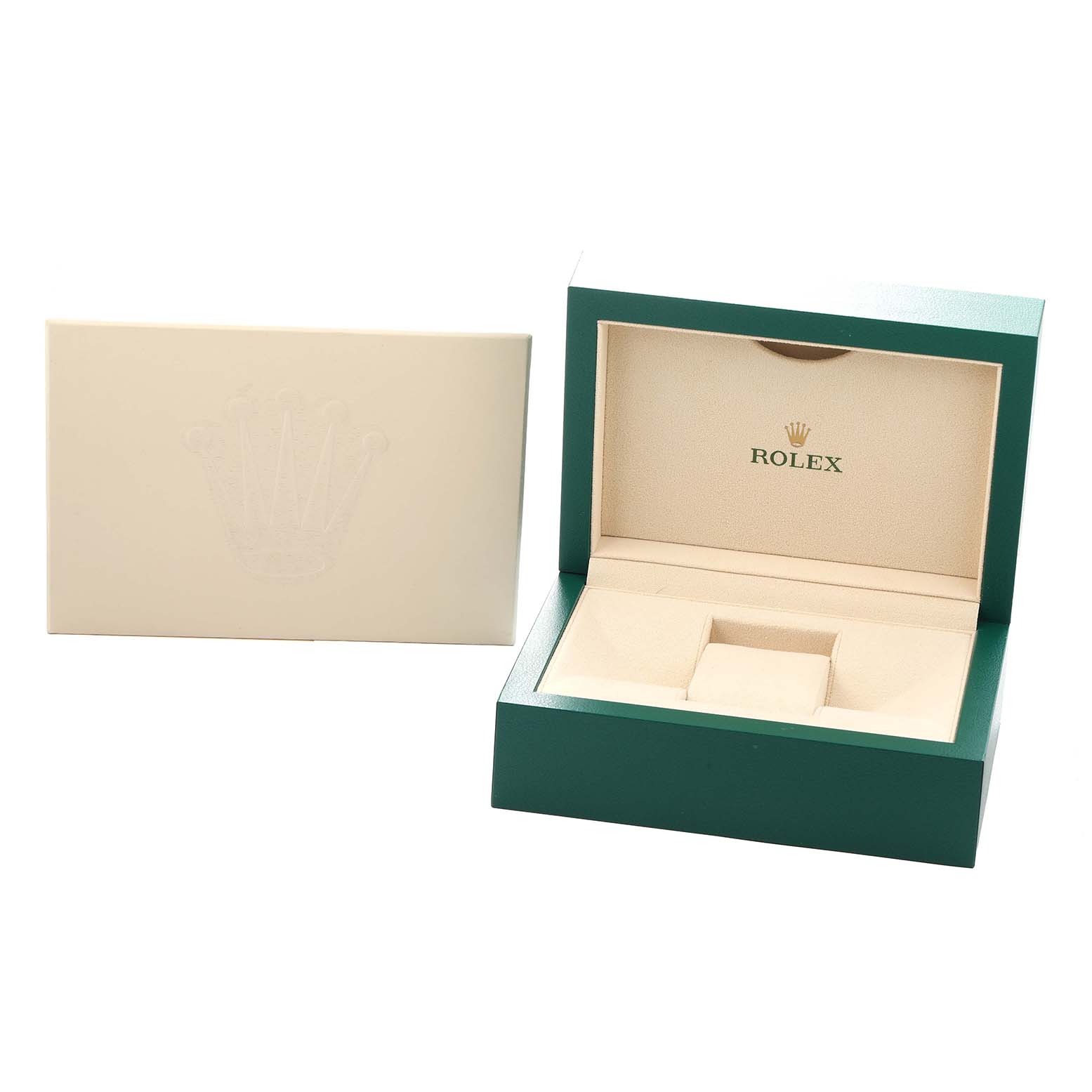 This image shows the packaging for a Rolex Oyster Perpetual 126000 Men
s Stainless Steel Green Dial, featuring a green box and a cream-colored outer cover.