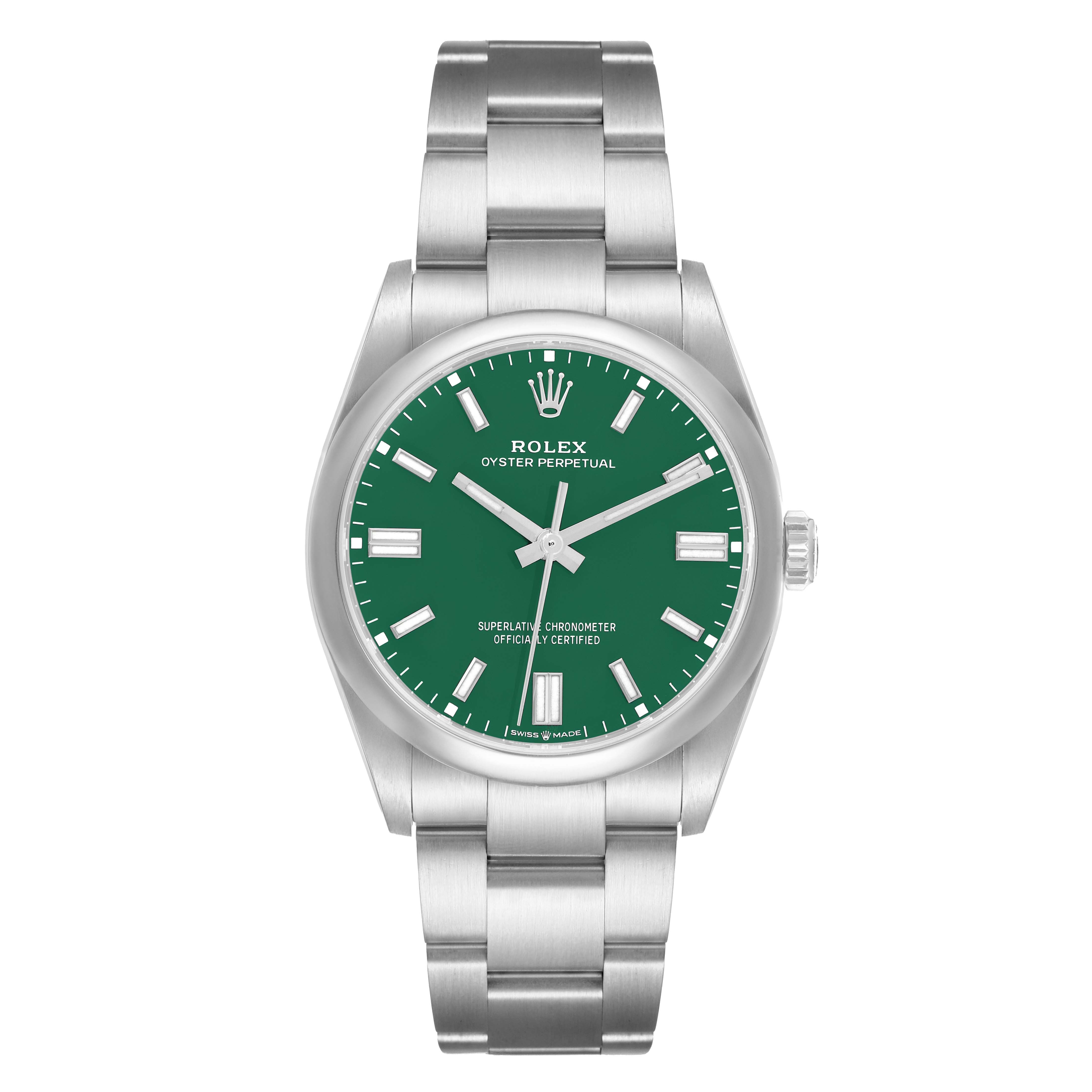 The Rolex Oyster Perpetual 126000 Men
s Stainless Steel Green Dial watch is shown from a front angle, displaying the green dial and metal bracelet.