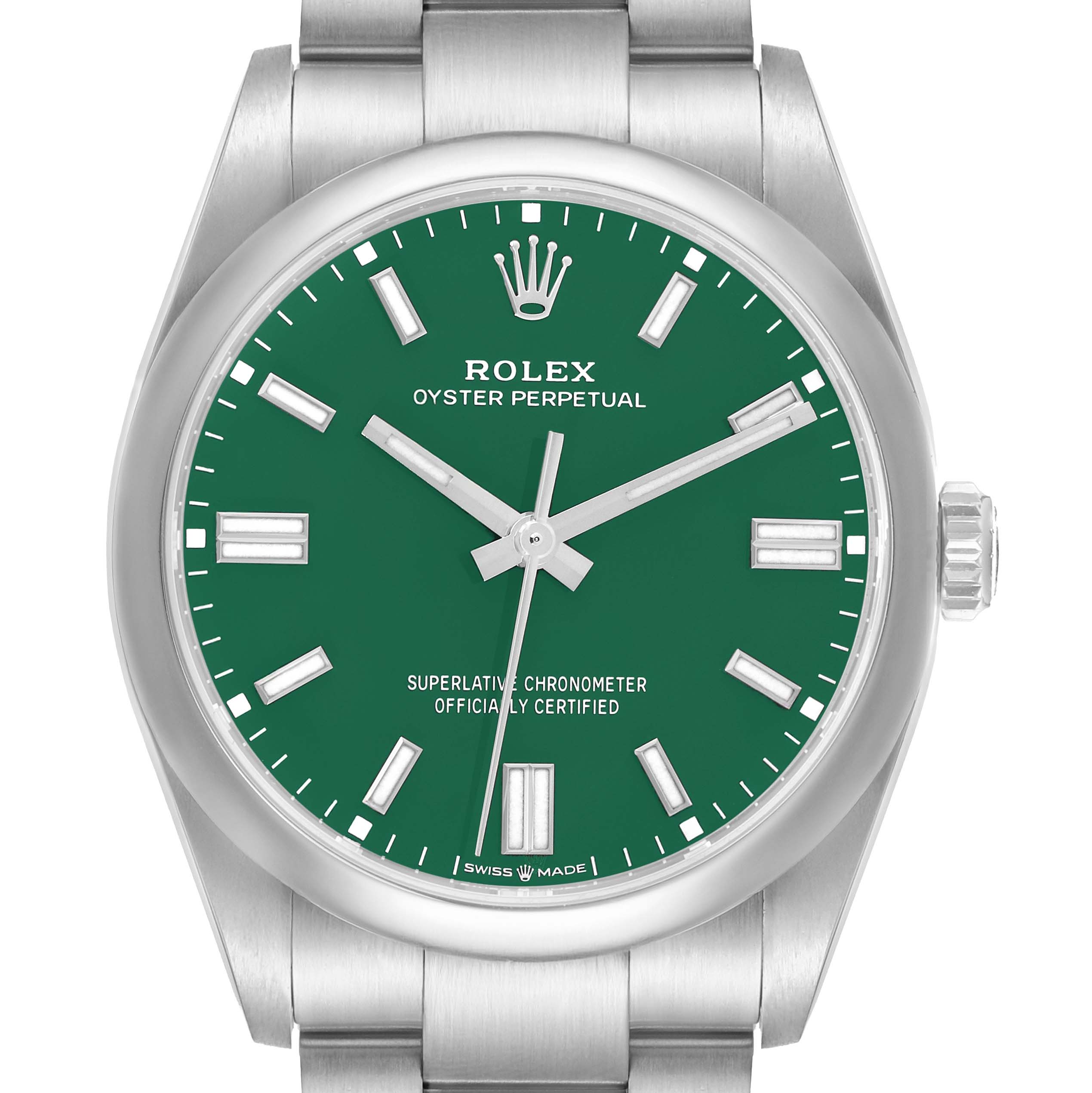 The Rolex Oyster Perpetual 126000 Men
s Stainless Steel Green Dial watch is shown from a front angle, displaying its dial, case, crown, and part of the bracelet.