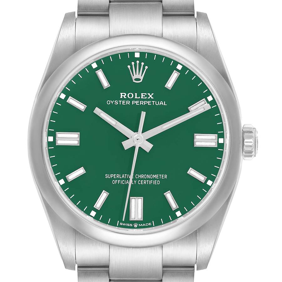 The Rolex Oyster Perpetual 126000 Men's Stainless Steel Green Dial watch is shown from a front angle, displaying its dial, case, crown, and part of the bracelet.