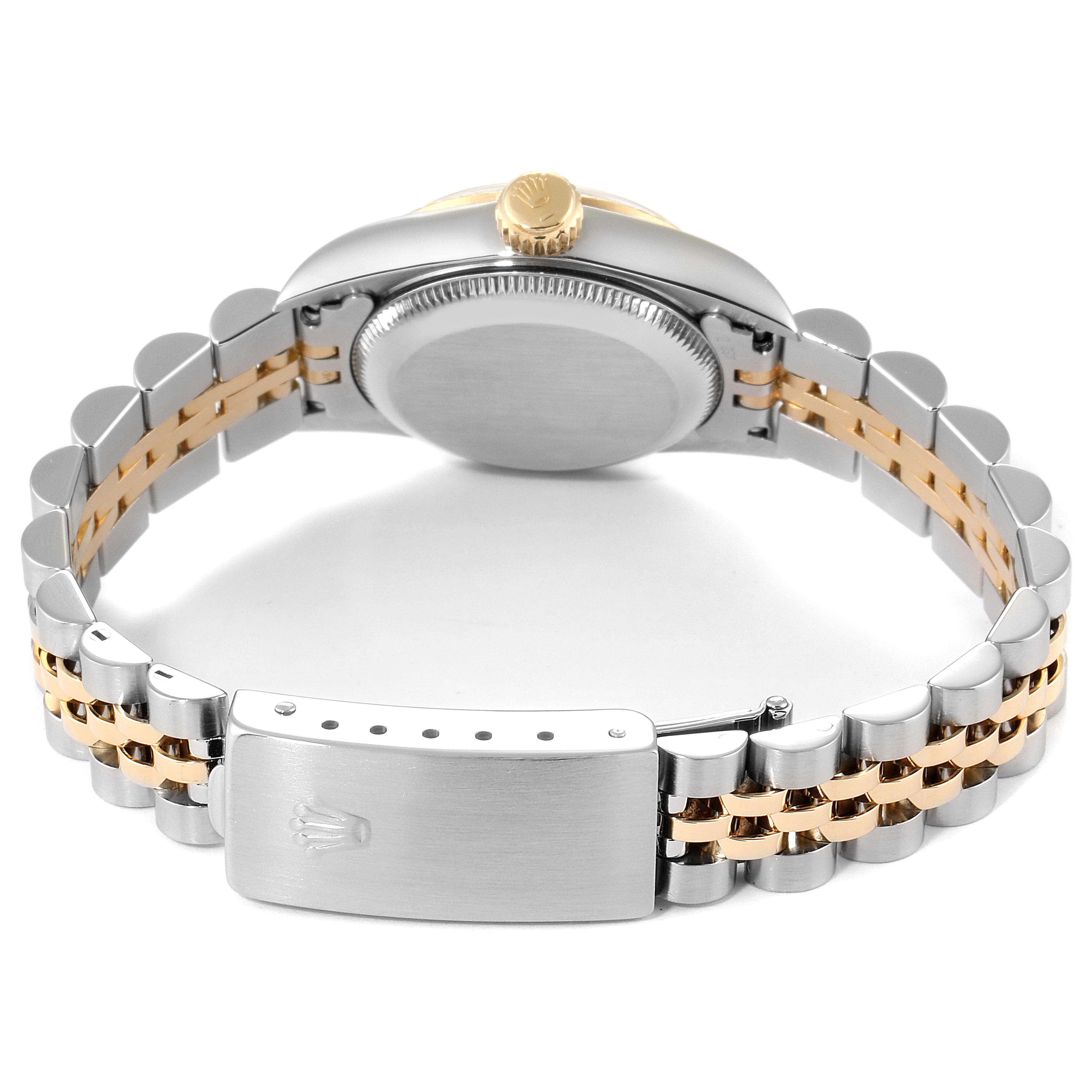 The image shows the back view of a Rolex Oyster Perpetual 67193 Women's Steel and Gold (two tone) Grey Dial 67193 Women's Steel and Gold (two tone) Grey Dial watch, highlighting its bracelet, clasp, and case back.