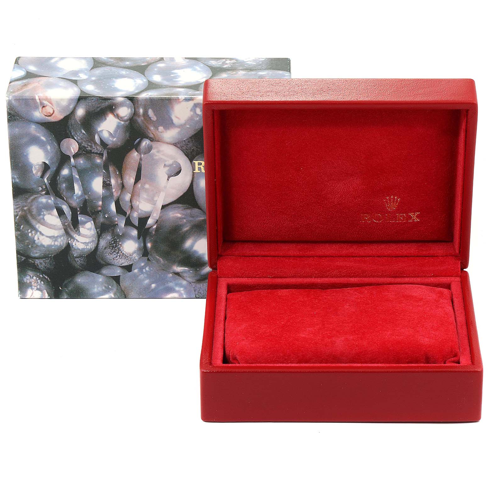 The image shows the packaging and open red box for the Rolex Oyster Perpetual 67193 Women's Steel and Gold (two tone) Grey Dial 67193 Women's Steel and Gold (two tone) Grey Dial watch.