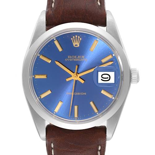 This is a front view of a Rolex Vintage Collection watch showing its blue dial, date window, and brown leather strap.