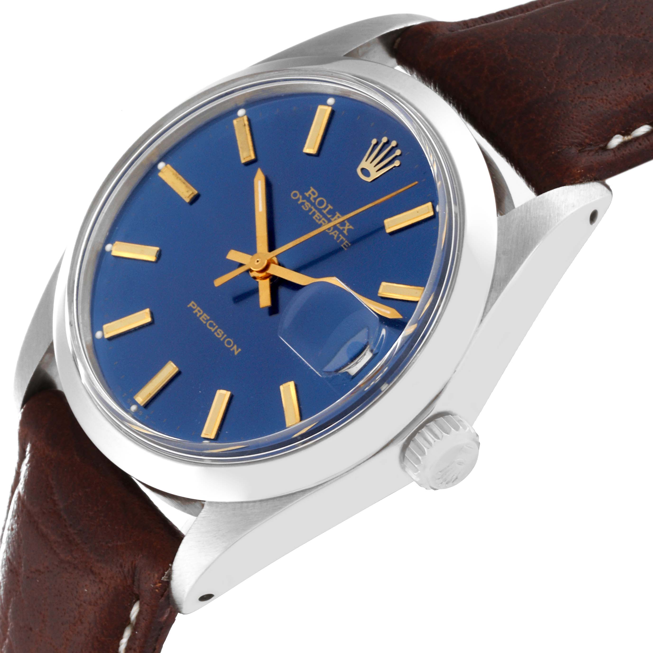 This image shows a Rolex Vintage Collection 6694 Men's Stainless Steel Blue Dial 6694 Men's Stainless Steel Blue Dial watch from a side angle, highlighting its blue dial, crown, and leather strap.
