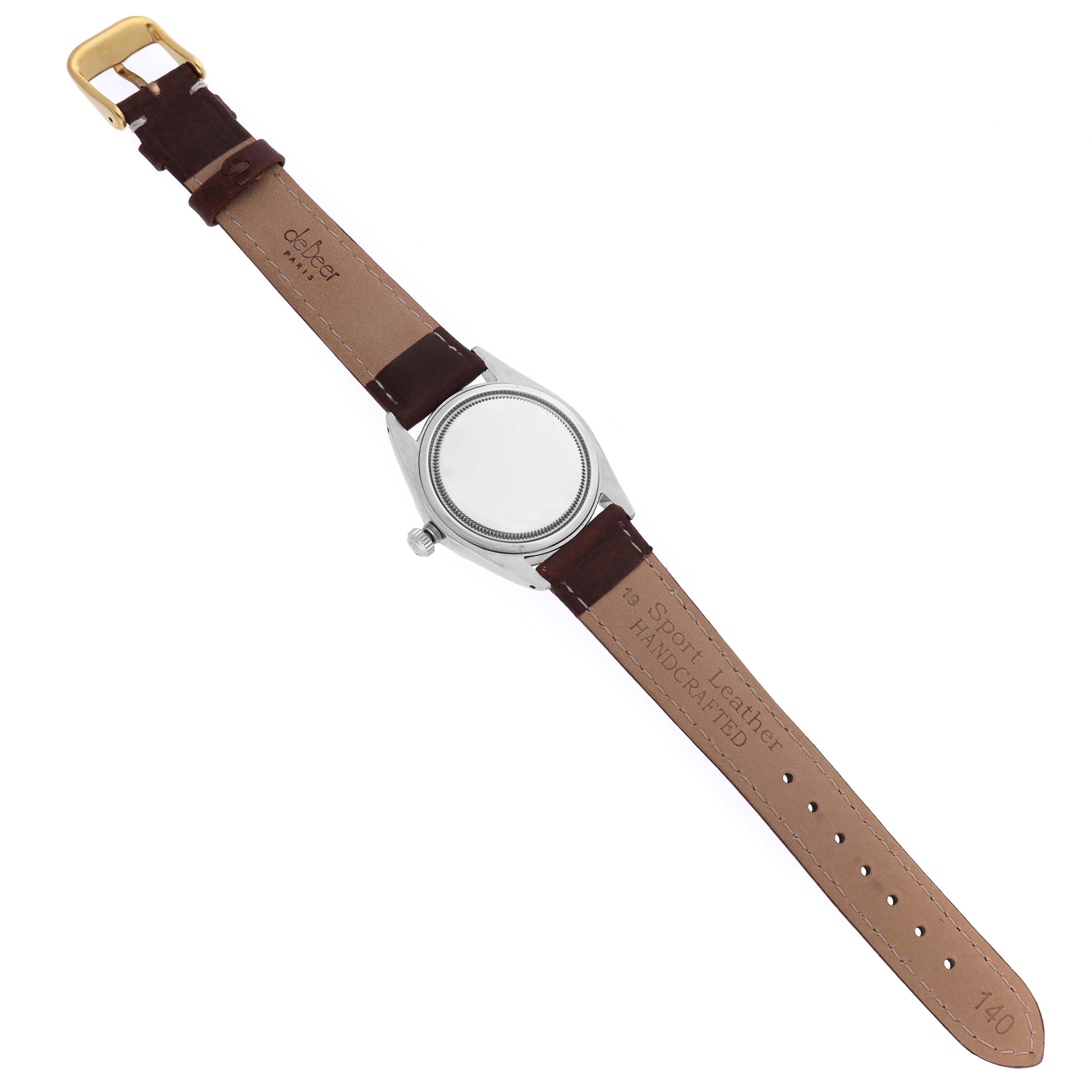 The Rolex Vintage Collection 6694 Men's Stainless Steel Blue Dial 6694 Men's Stainless Steel Blue Dial model is shown from the back, displaying the case, crown, and leather strap.