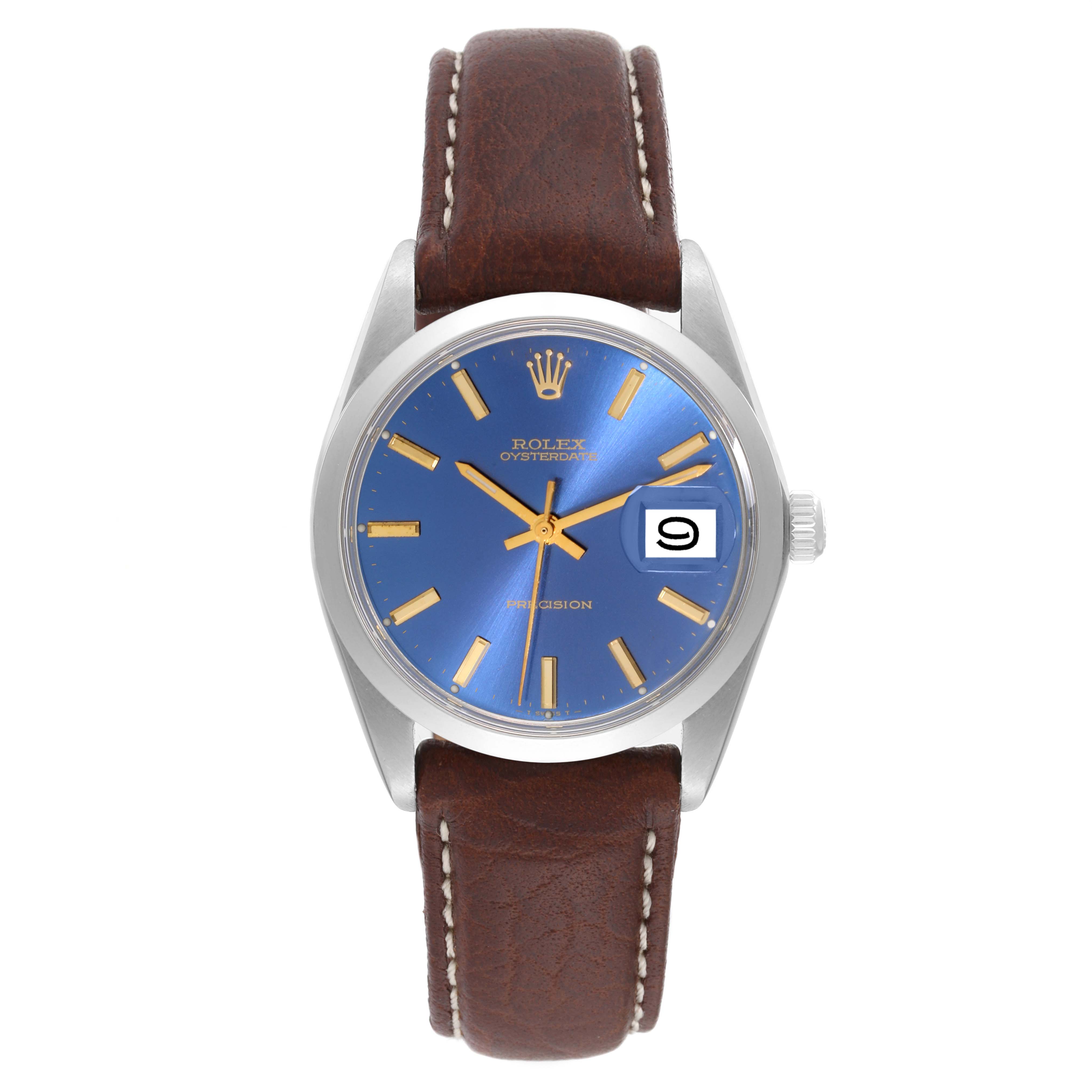 The Rolex Vintage Collection 6694 Men's Stainless Steel Blue Dial 6694 Men's Stainless Steel Blue Dial model is shown from a front angle, displaying the dial, case, and leather strap.