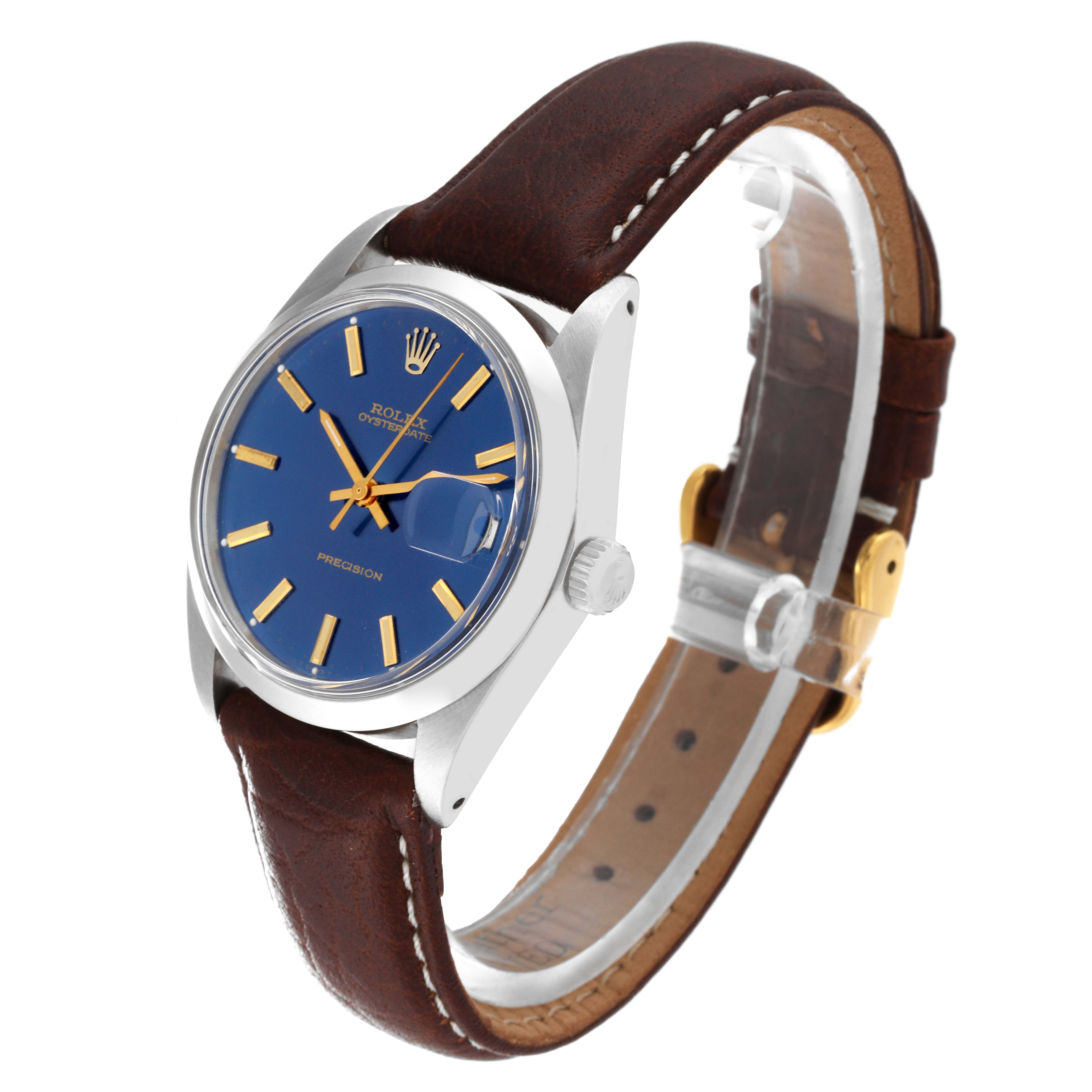 The Rolex Vintage Collection 6694 Men's Stainless Steel Blue Dial 6694 Men's Stainless Steel Blue Dial watch is shown at an angle, displaying its blue dial, brown leather strap, and silver case.