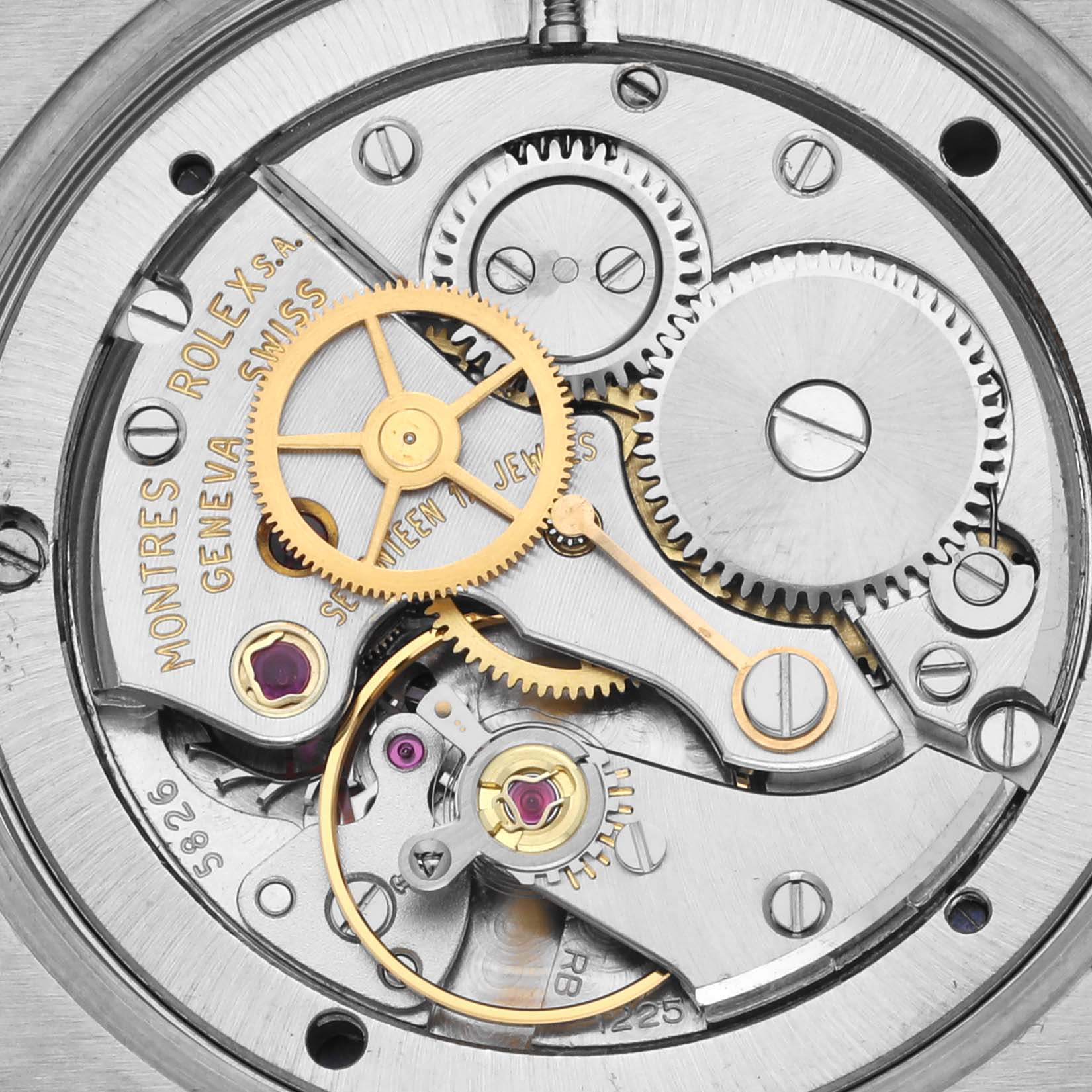 This image shows the internal mechanism of the Vintage Collection model by Rolex from a straight-down angle.