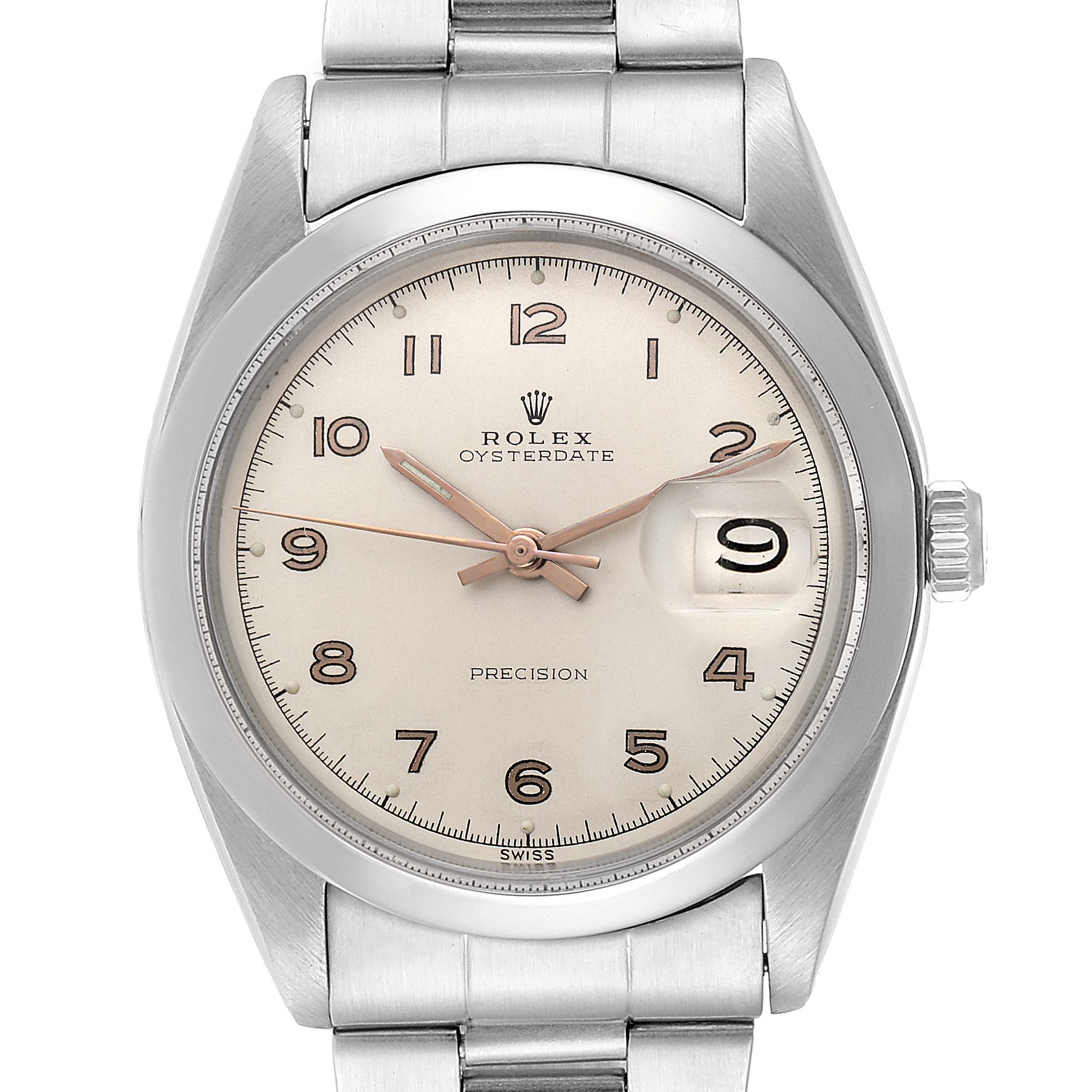 The image shows a front view of the Rolex Vintage Collection 6694 Men's Stainless Steel Silver Dial 6694 Men's Stainless Steel Silver Dial Oysterdate watch, including the dial, hands, and bracelet.