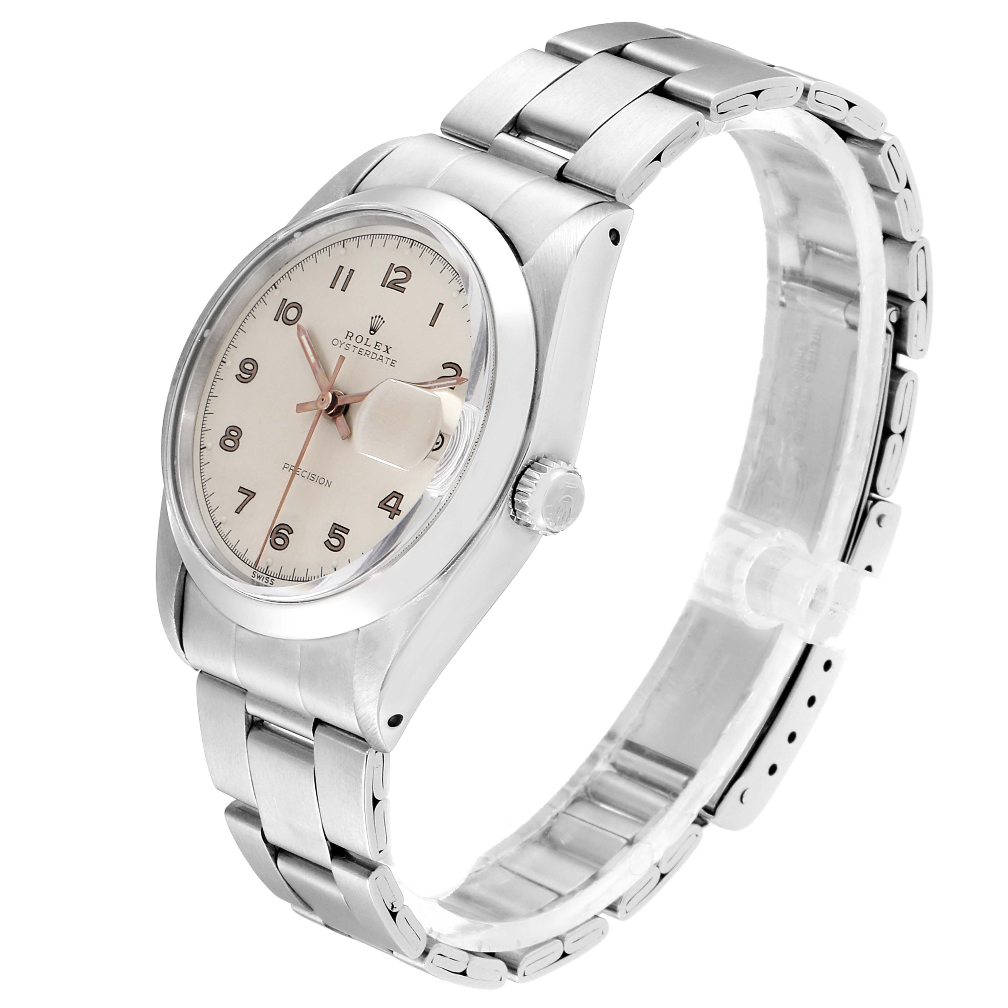 The image shows a Rolex Vintage Collection 6694 Men's Stainless Steel Silver Dial 6694 Men's Stainless Steel Silver Dial watch, featuring its face, bezel, crown, and stainless steel bracelet, viewed at an angled side perspective.