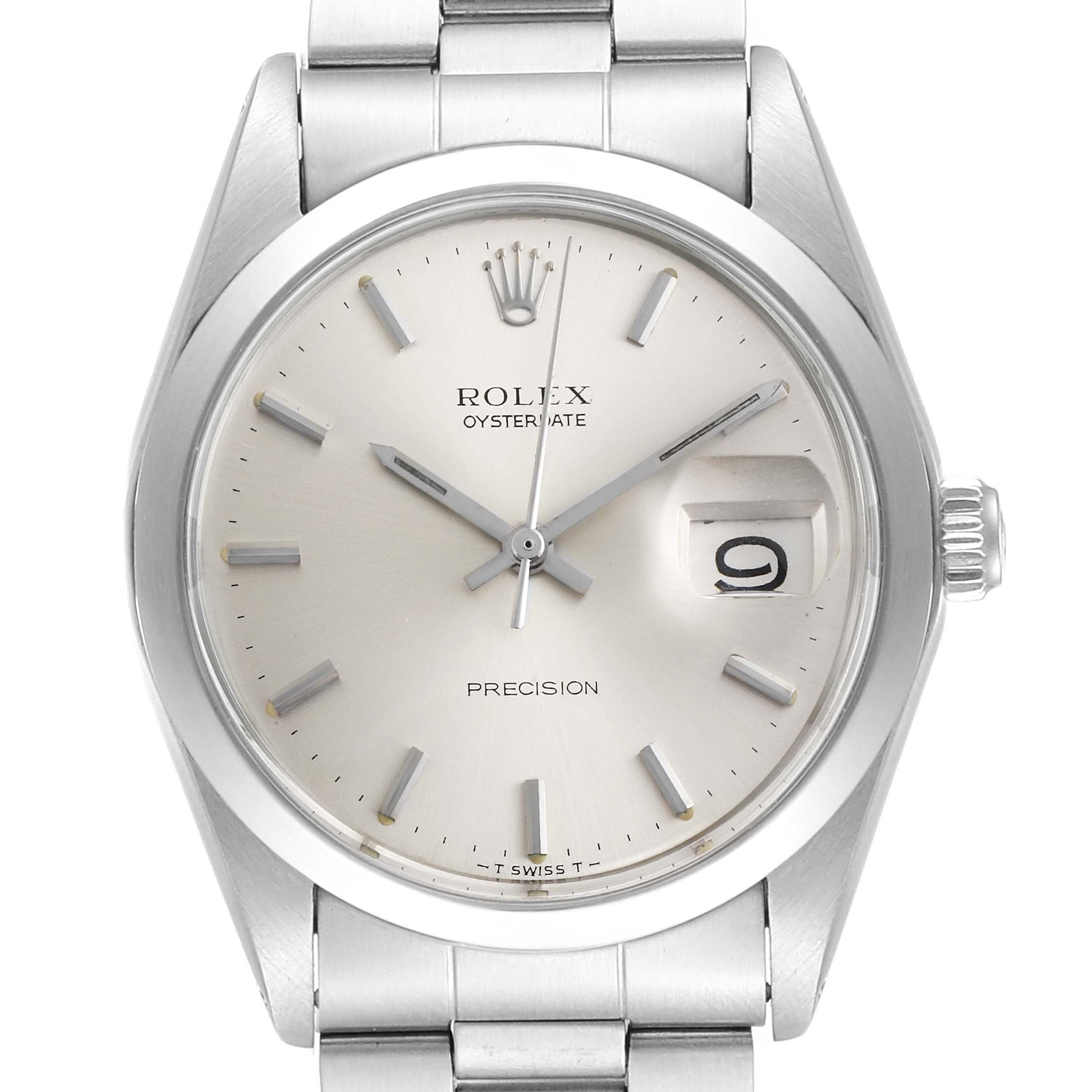 The image shows a front view of a Rolex Vintage Collection 6694 Men's Stainless Steel Silver Dial 6694 Men's Stainless Steel Silver Dial Oysterdate Precision watch, highlighting the face, bezel, and bracelet.