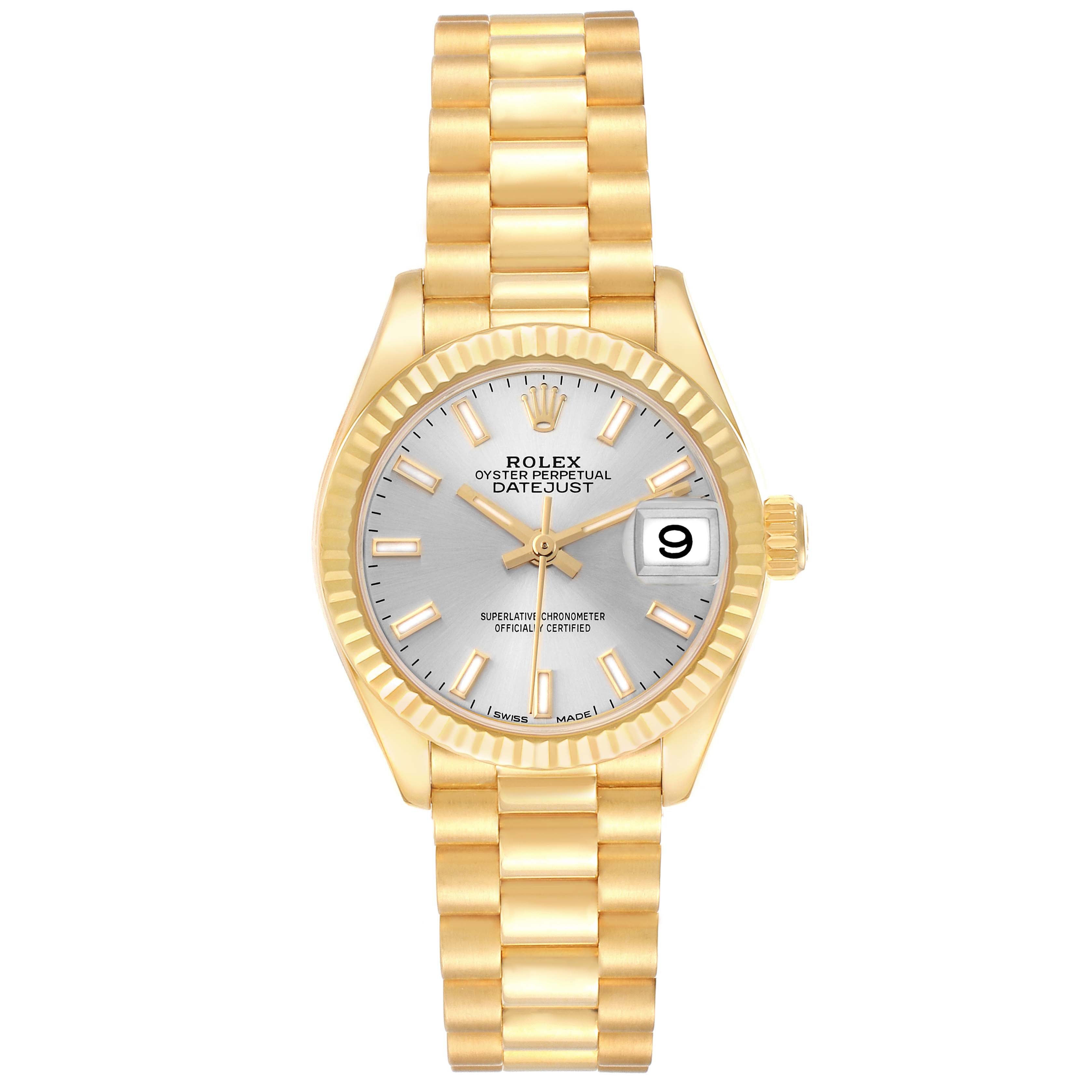 The Rolex President 279178 Women
s Yellow Gold Silver Dial model is shown from a front angle, displaying its gold bracelet, fluted bezel, and silver dial with a date window.