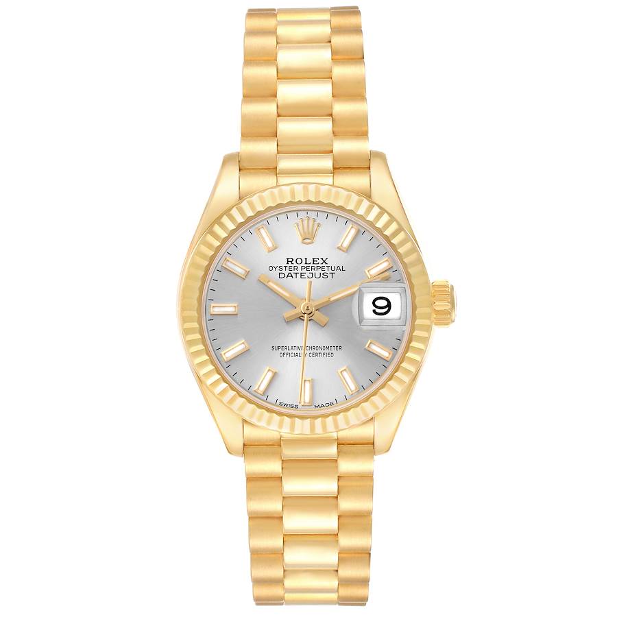 The Rolex President 279178 Women's Yellow Gold Silver Dial model is shown from a front angle, displaying its gold bracelet, fluted bezel, and silver dial with a date window.