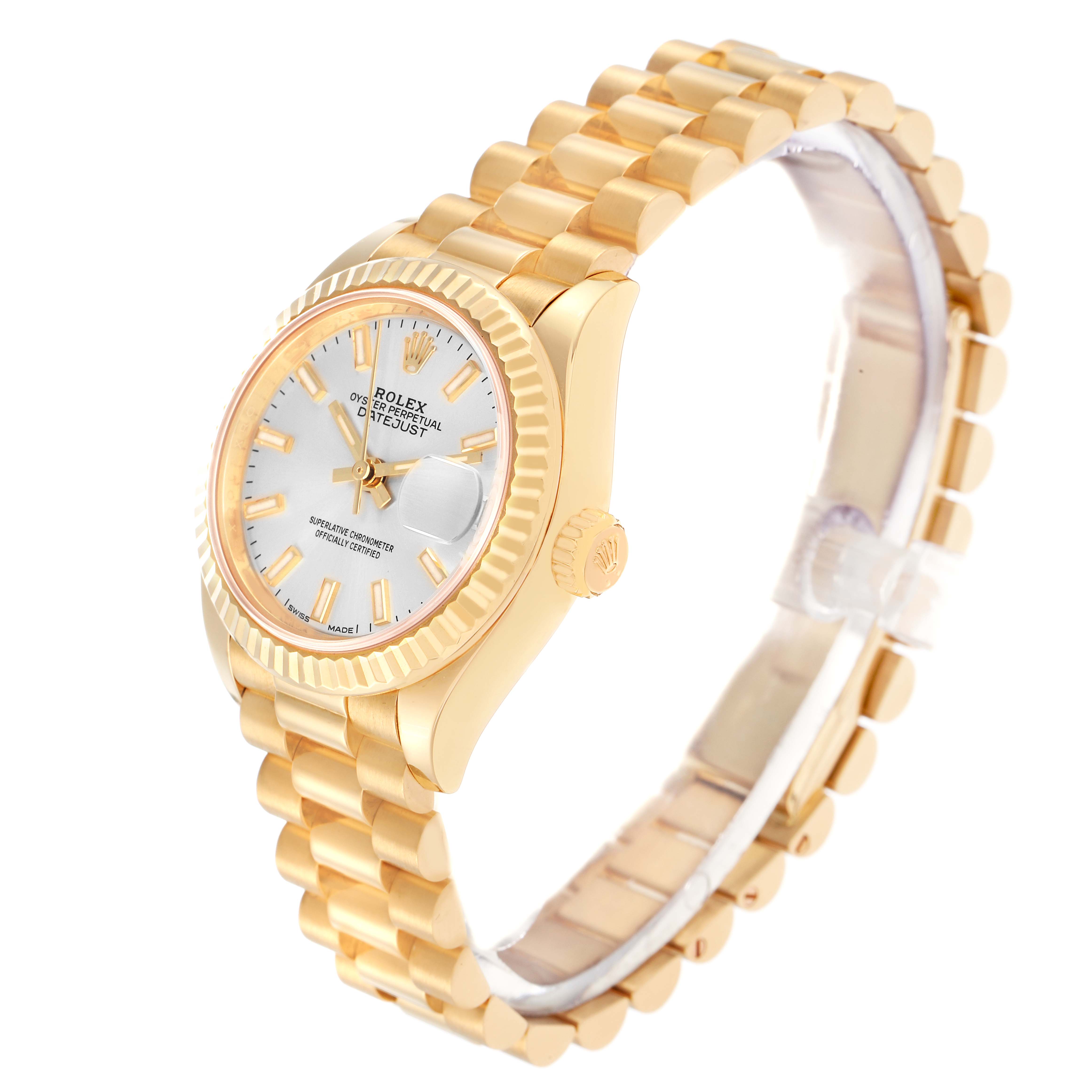 The Rolex President 279178 Women
s Yellow Gold Silver Dial model is shown from a three-quarter angle, displaying the face, bezel, crown, and bracelet.