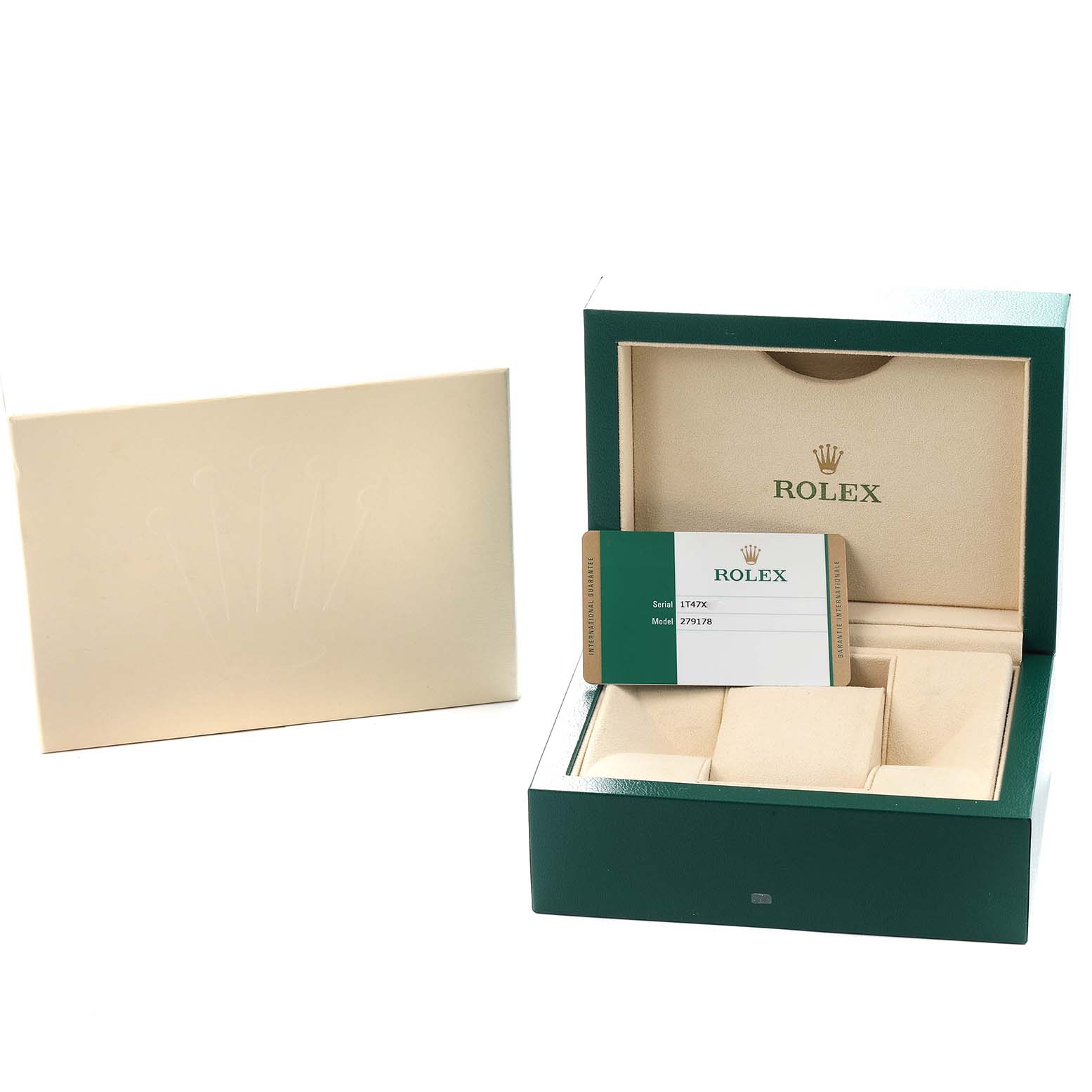 The image shows the open box and certification card for a Rolex President 279178 Women
s Yellow Gold Silver Dial model, viewed from a front angle.