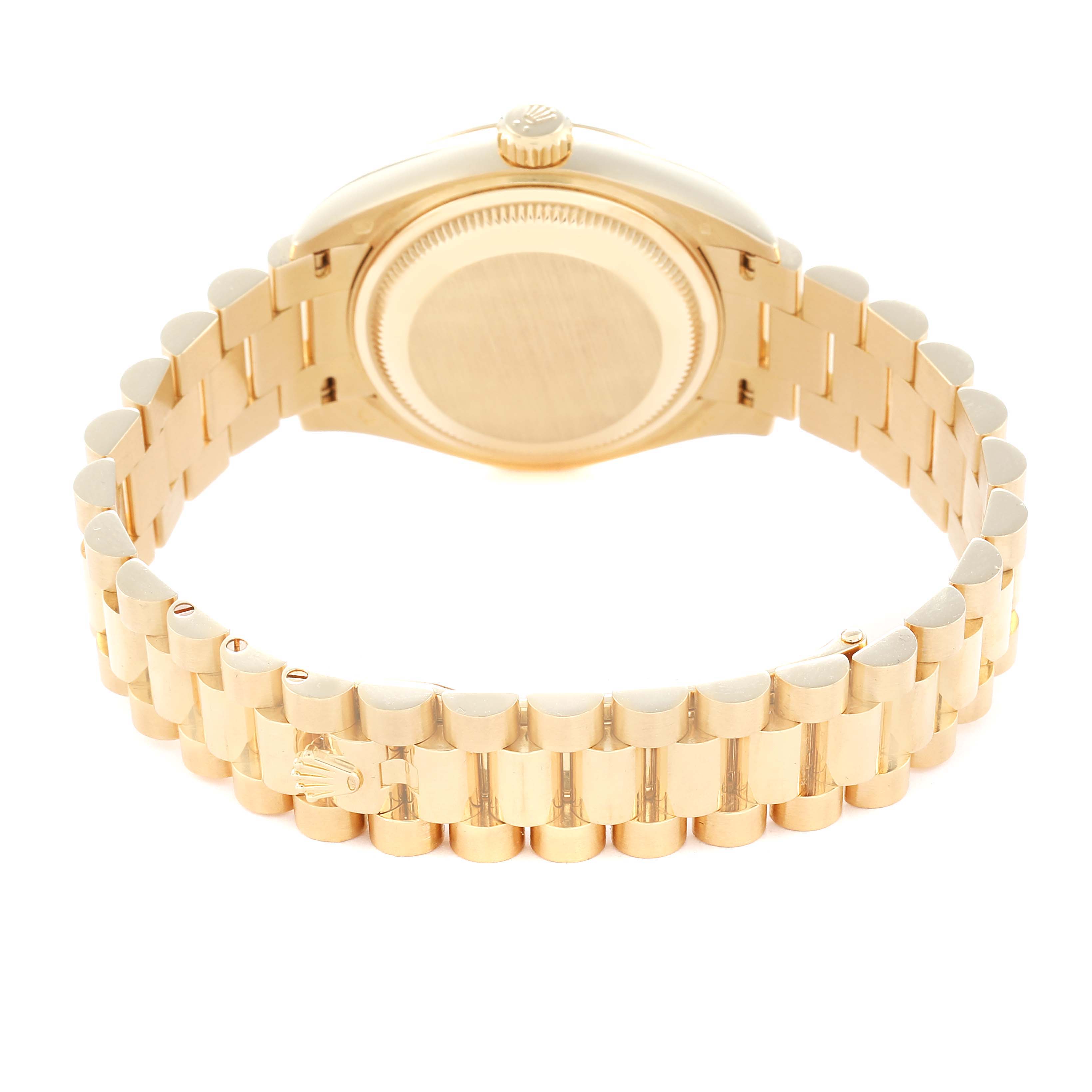 The image shows the Rolex President 279178 Women
s Yellow Gold Silver Dial model watch from the back, highlighting the gold bracelet and caseback.