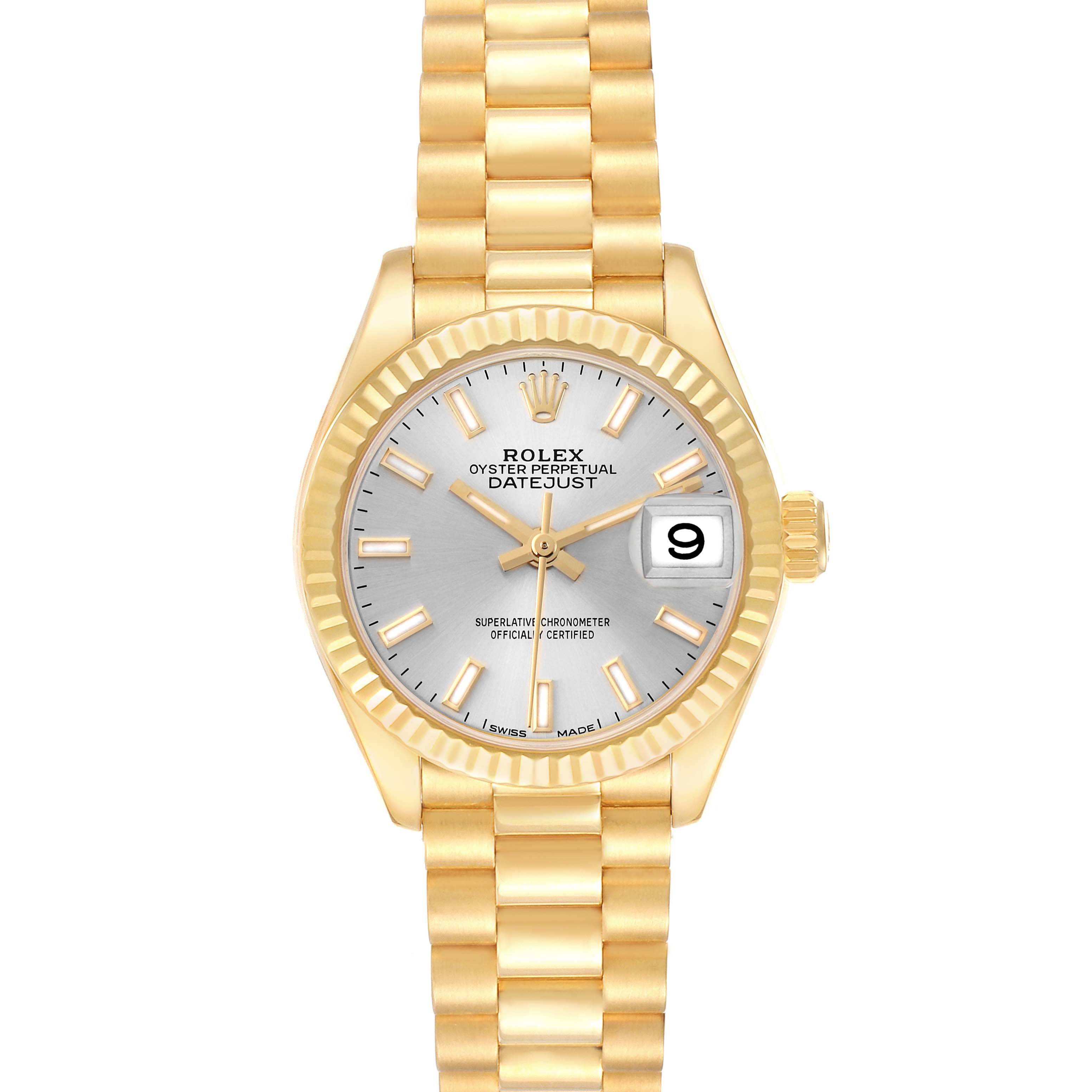 The Rolex President 279178 Women
s Yellow Gold Silver Dial model is shown from a front view, displaying its gold bracelet, fluted bezel, and gray dial with date window.