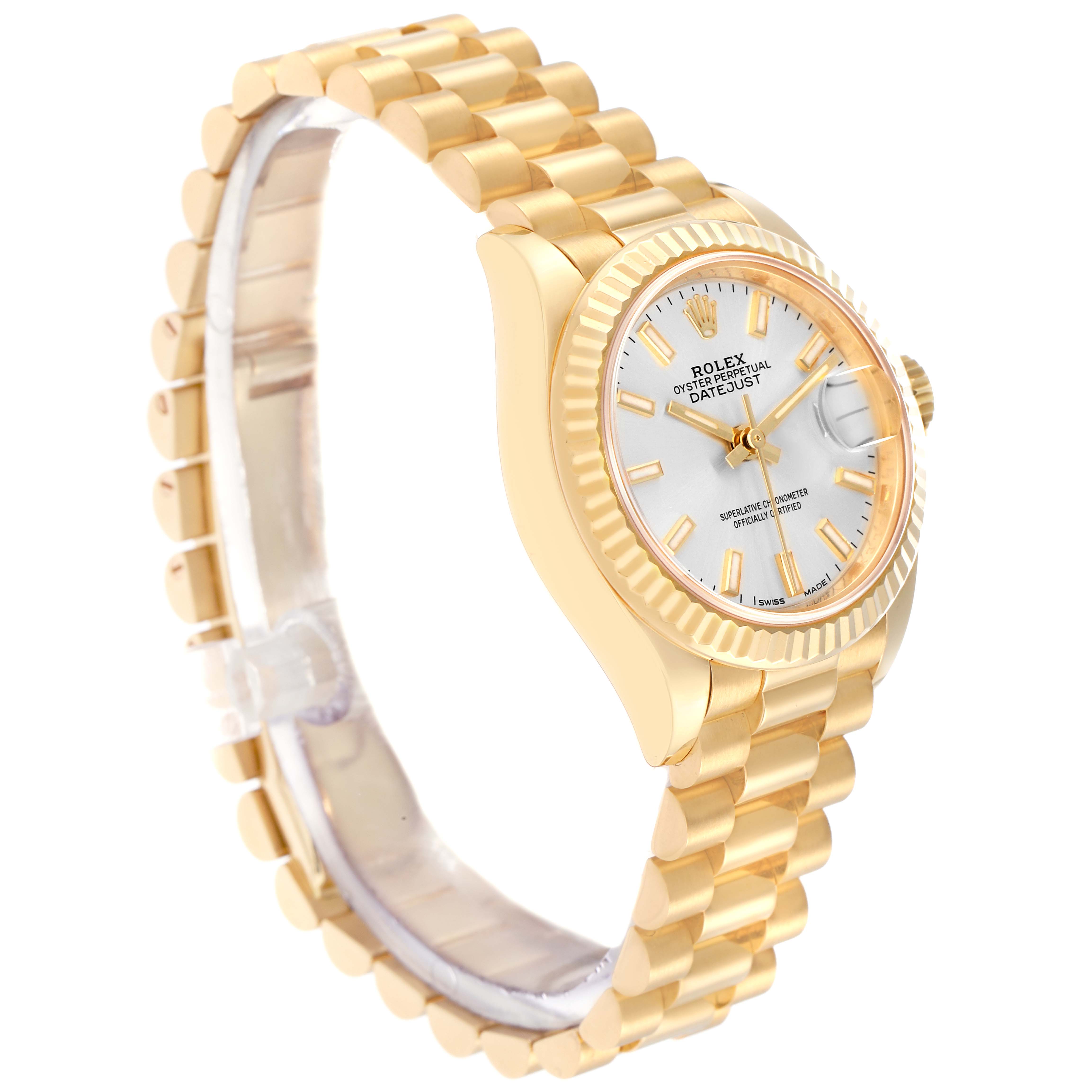 The Rolex President 279178 Women
s Yellow Gold Silver Dial watch is shown at a side angle, featuring the bracelet, fluted bezel, and white dial with gold hour markers.