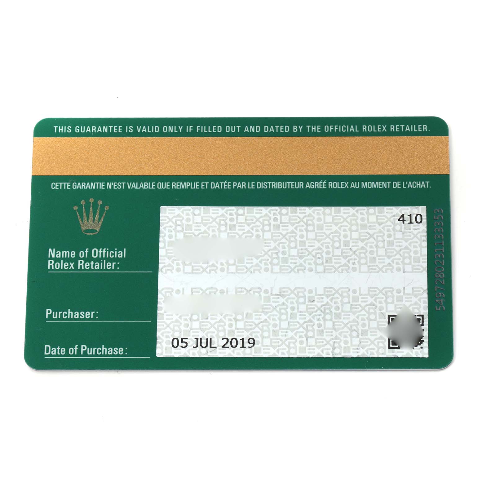 The image shows a warranty card for the Rolex President 279178 Women
s Yellow Gold Silver Dial model, displaying purchase details and retailer information.