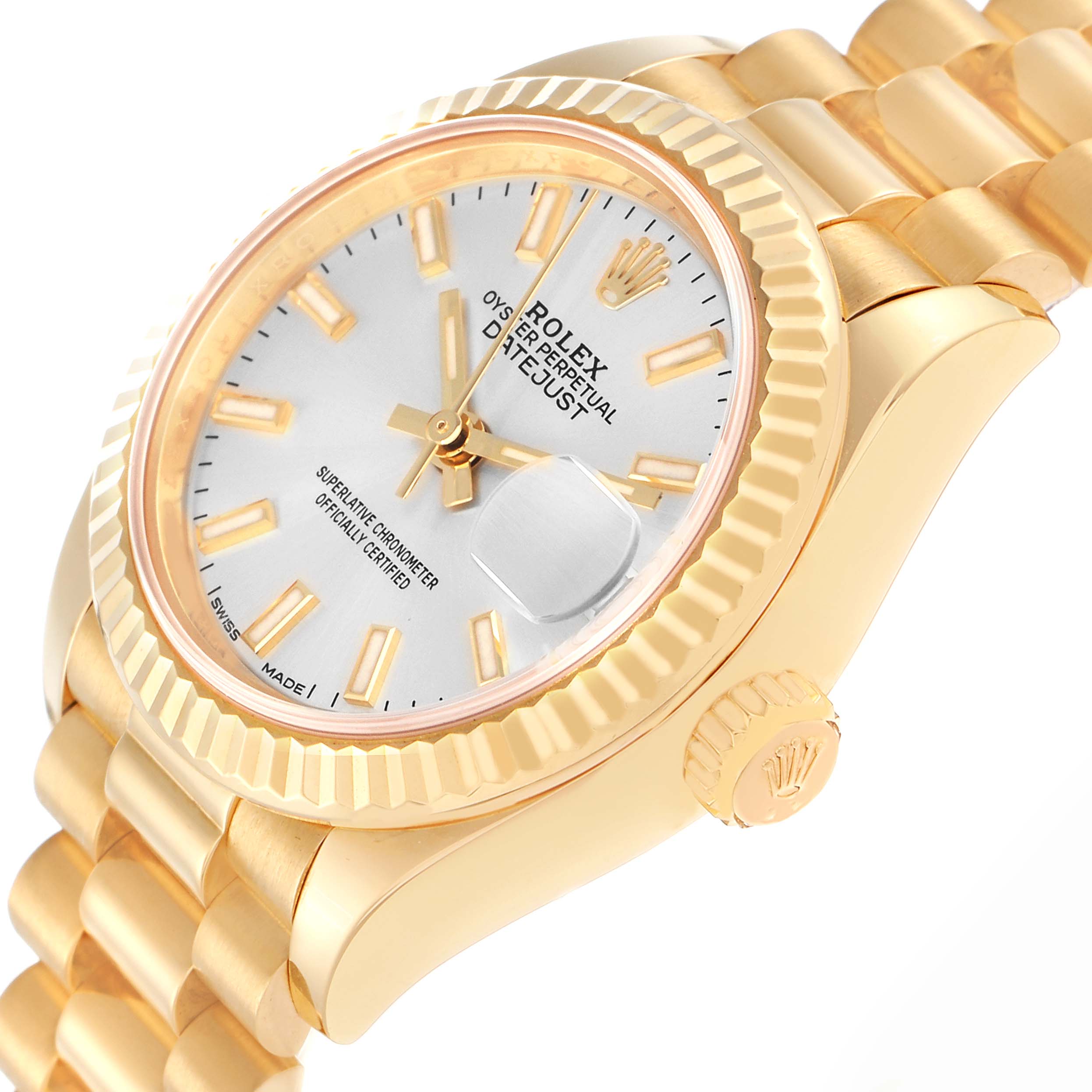 The Rolex President 279178 Women
s Yellow Gold Silver Dial model is shown at an angled side view highlighting the dial, fluted bezel, crown, and part of the bracelet.