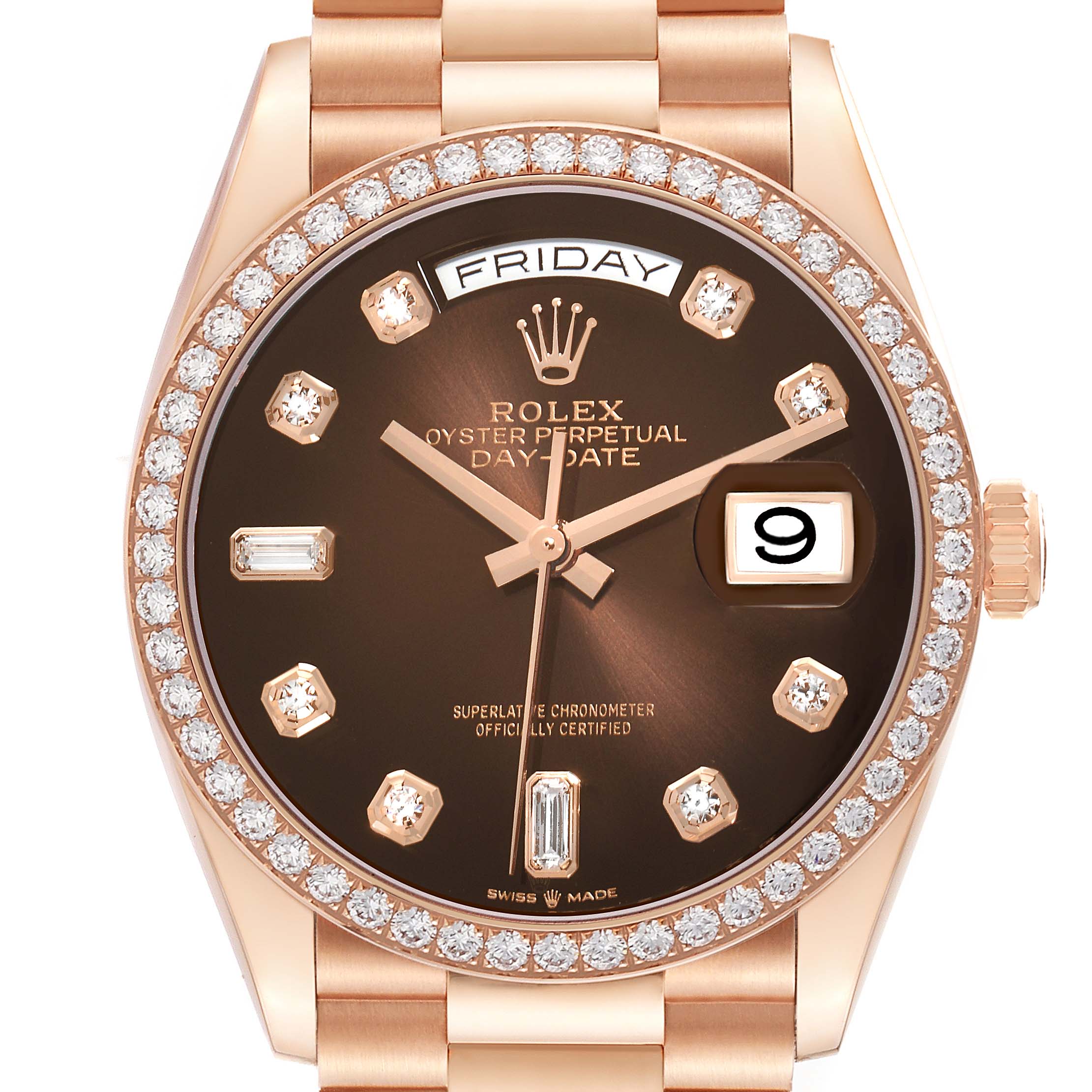 The Rolex President 128345 Men
s Rose Gold Brown Dial model is shown from a front angle, highlighting the bezel, dial, day-date display, and bracelet.